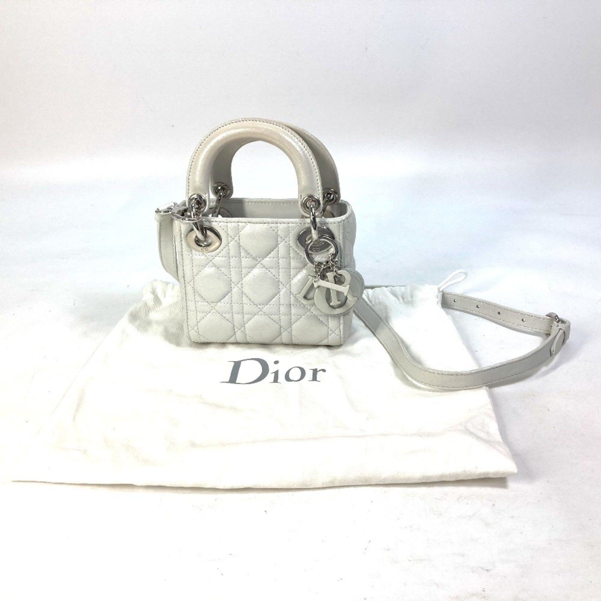 Christian Dior Lady Dior Metallic Gray Leather Handbag Shoulder Bag (Pre-Owned)