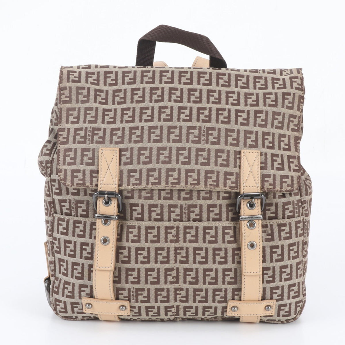 Fendi Brown Leather Canvas Backpack Shoulder Bag (Pre-Owned)
