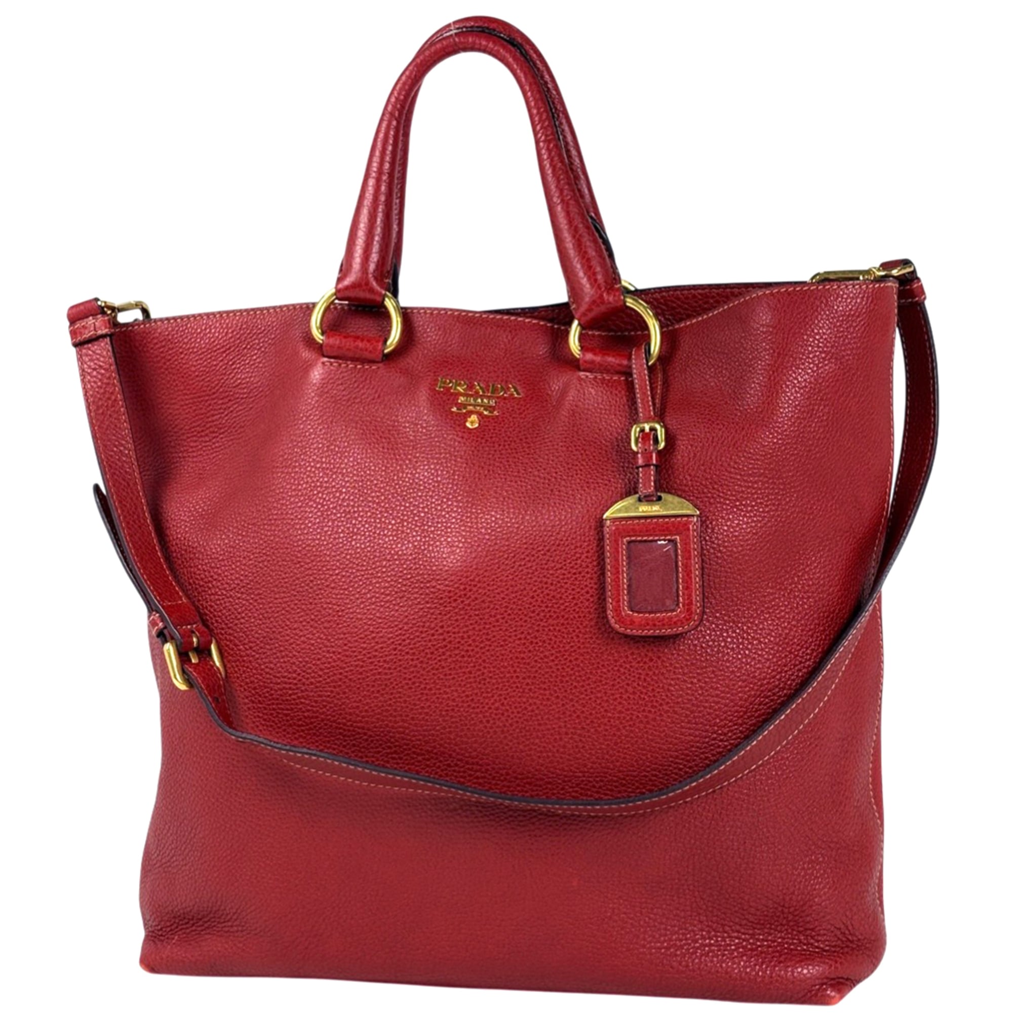 Prada Red Color Leather Handbag Shoulder Bag Tote Bag (Pre-Owned)