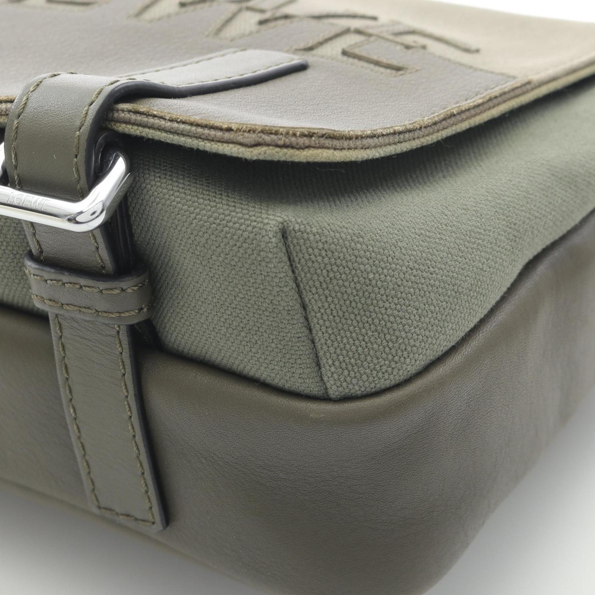 Loewe Khaki Canvas Leather Messenger Bag Shoulder Bag (Pre-Owned)