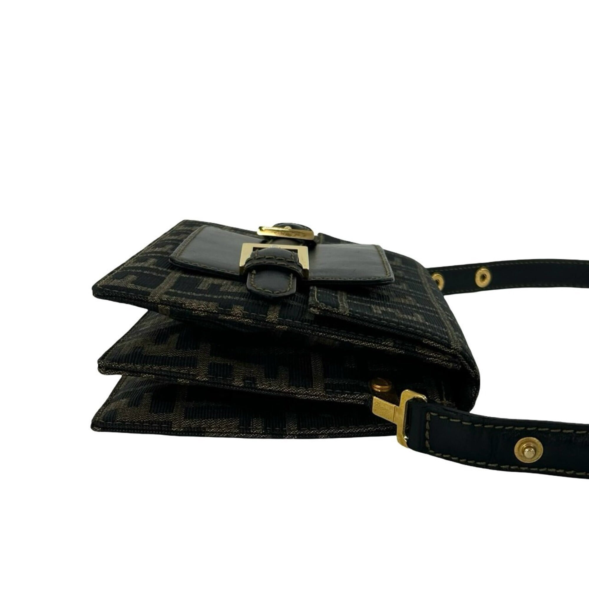 Fendi Black Brown Canvas Leather Pochette Shoulder Bag (Pre-Owned)
