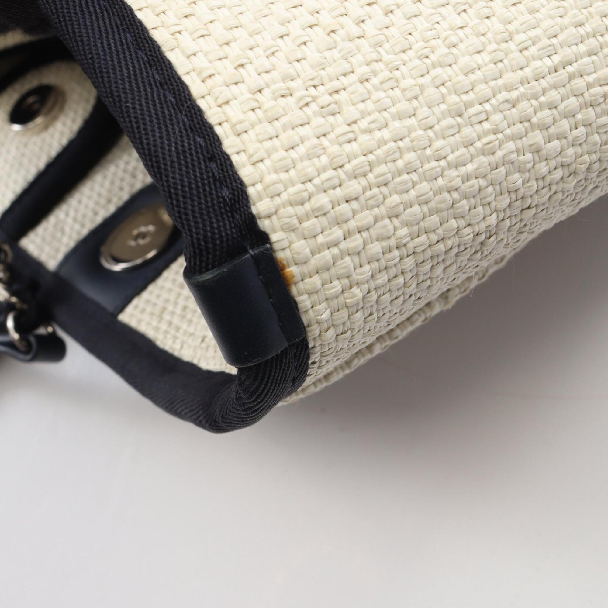 Chanel Navy White Leather Straw Handbag Tote Bag (Pre-Owned)