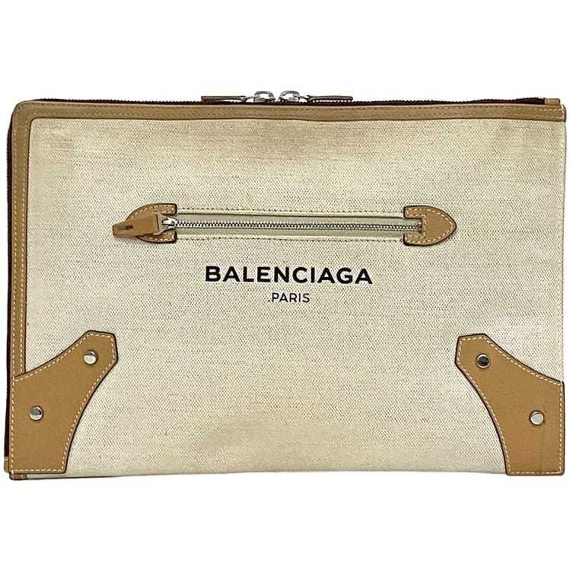 Balenciaga Beige White Canvas Leather Clutch Bag Handbag (Pre-Owned)