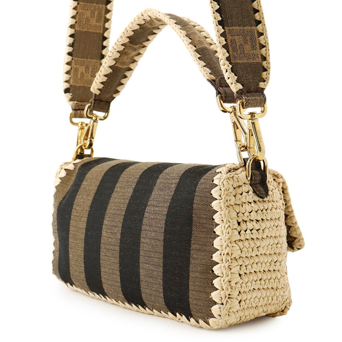 Fendi Beige Brown Raffia Canvas Handbag (Pre-Owned)