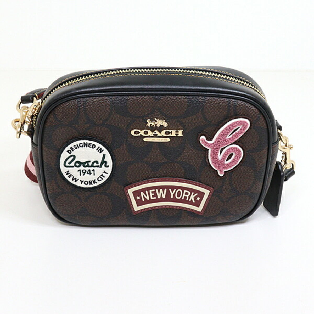 Coach Black Brown Signature Line Canvas Leather Shoulder Bag (Pre-Owned)
