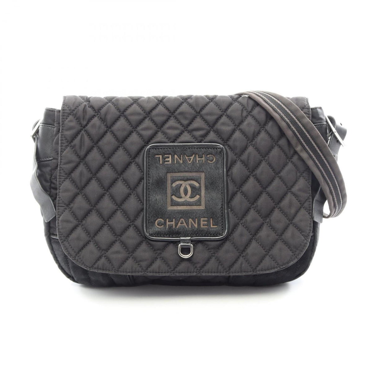 Chanel Matelasse Black Gray Leather Nylon Canvas Handbag Shoulder Bag (Pre-Owned)