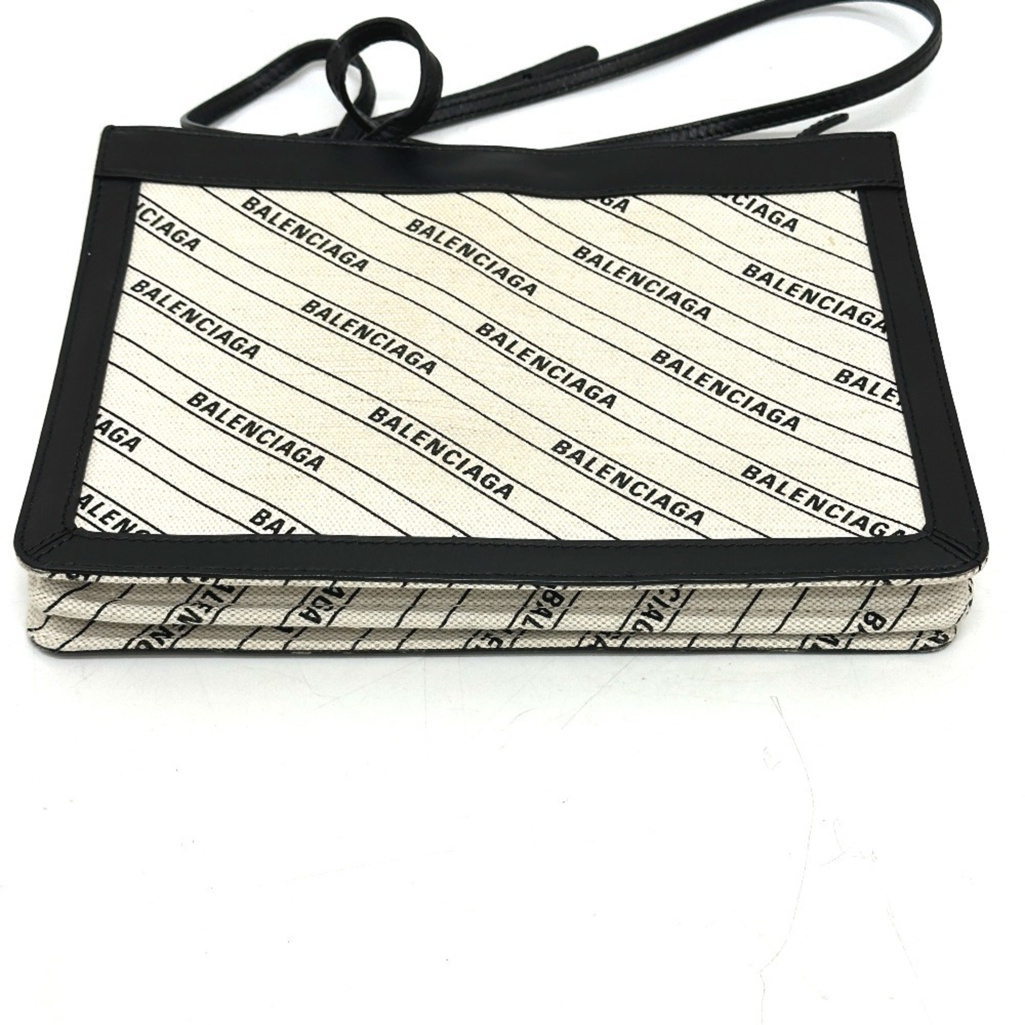 Balenciaga Black White Leather Canvas Pochette Shoulder Bag (Pre-Owned)