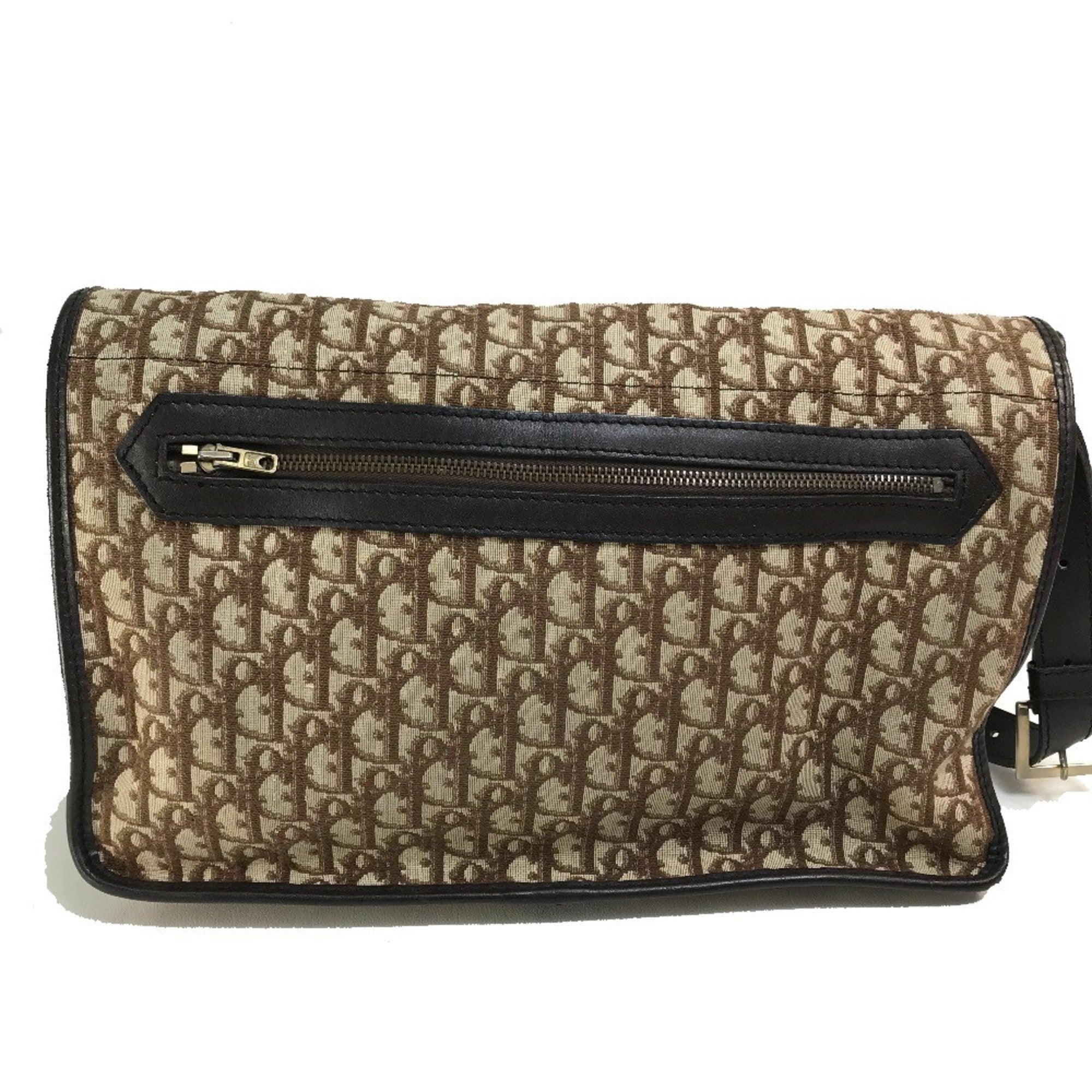Christian Dior Beige Brown Leather Canvas Shoulder Bag (Pre-Owned)