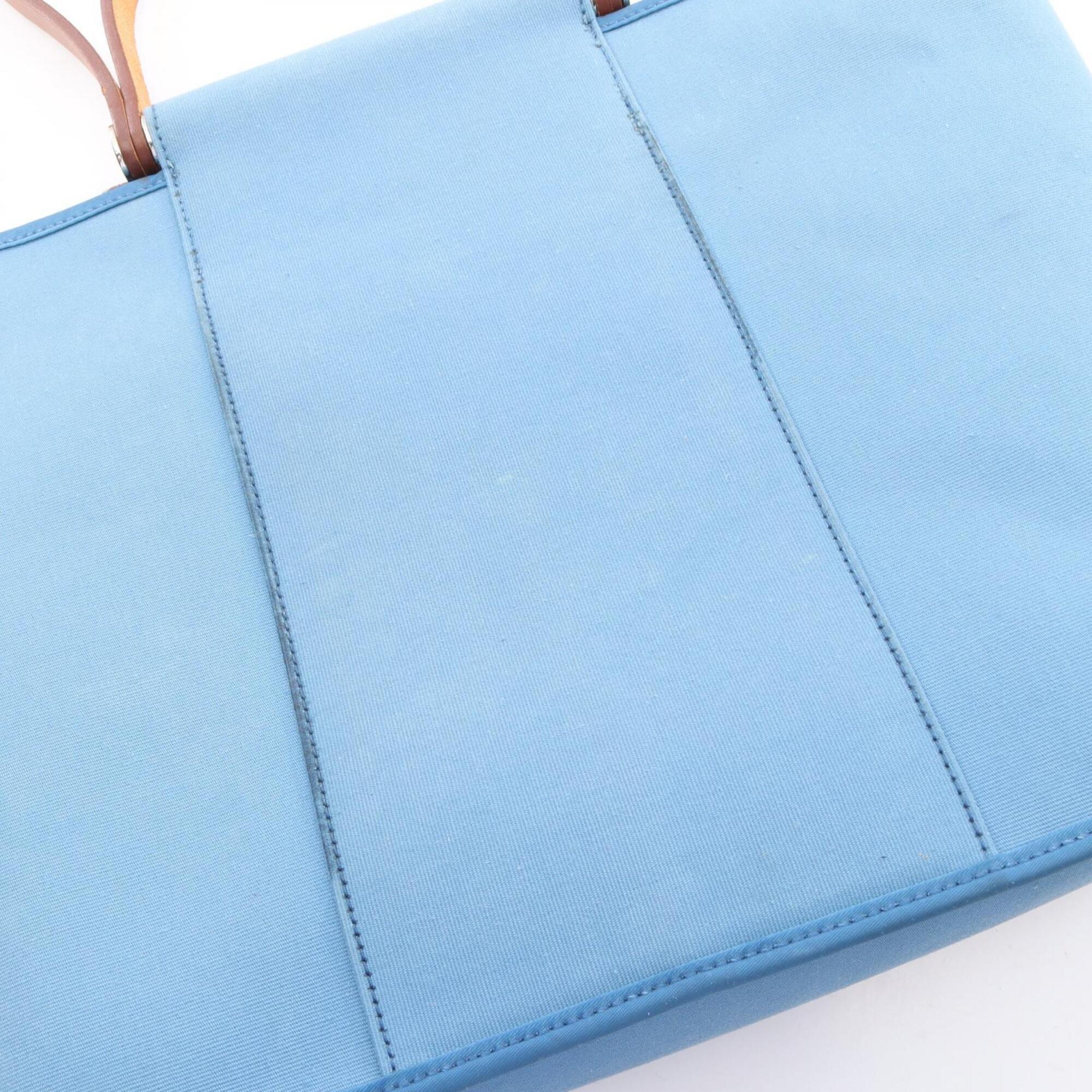 Hermes Blue Brown Toile Officier Leather Handbag Tote Bag (Pre-Owned)