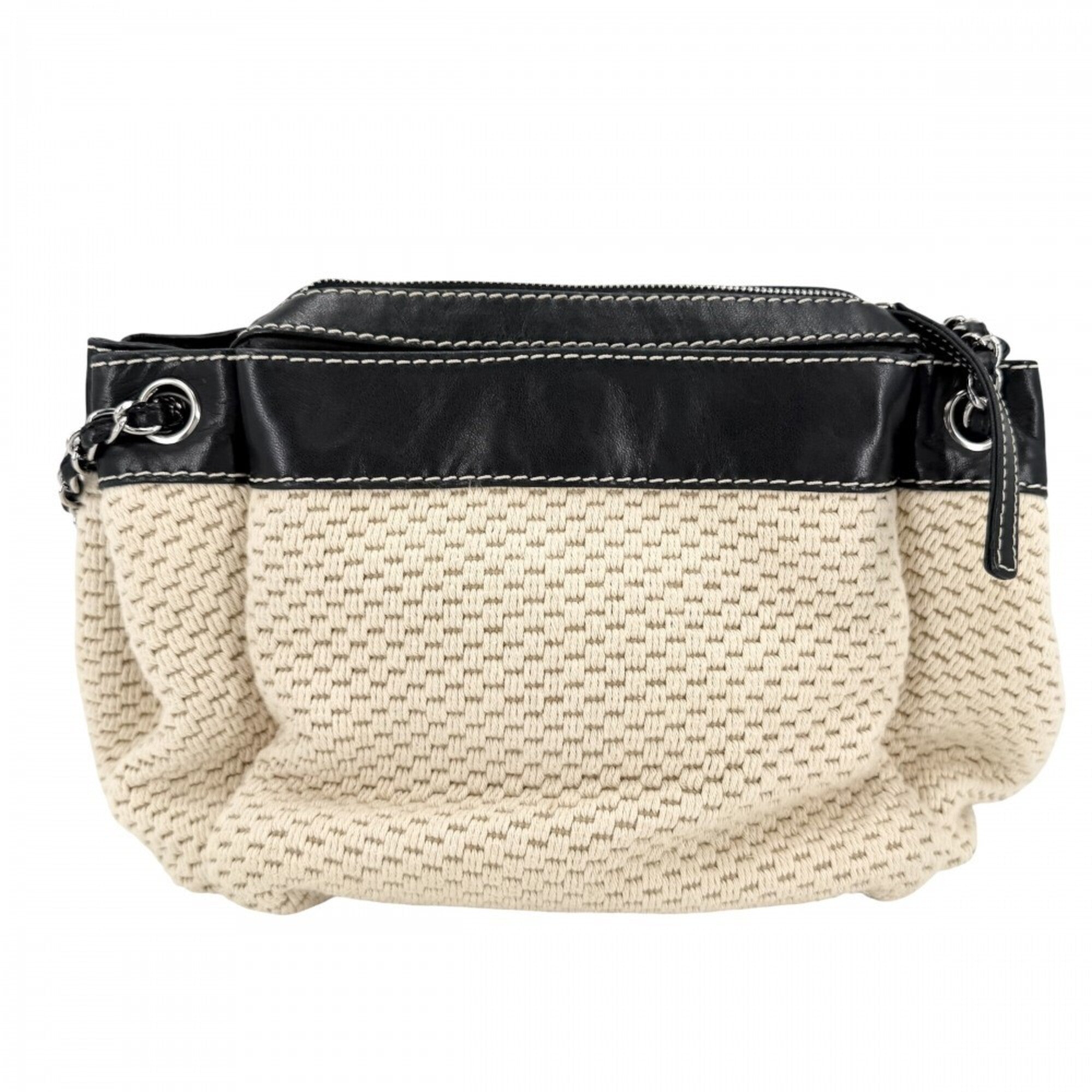 Chanel Beige Black Leather Canvas Handbag (Pre-Owned)