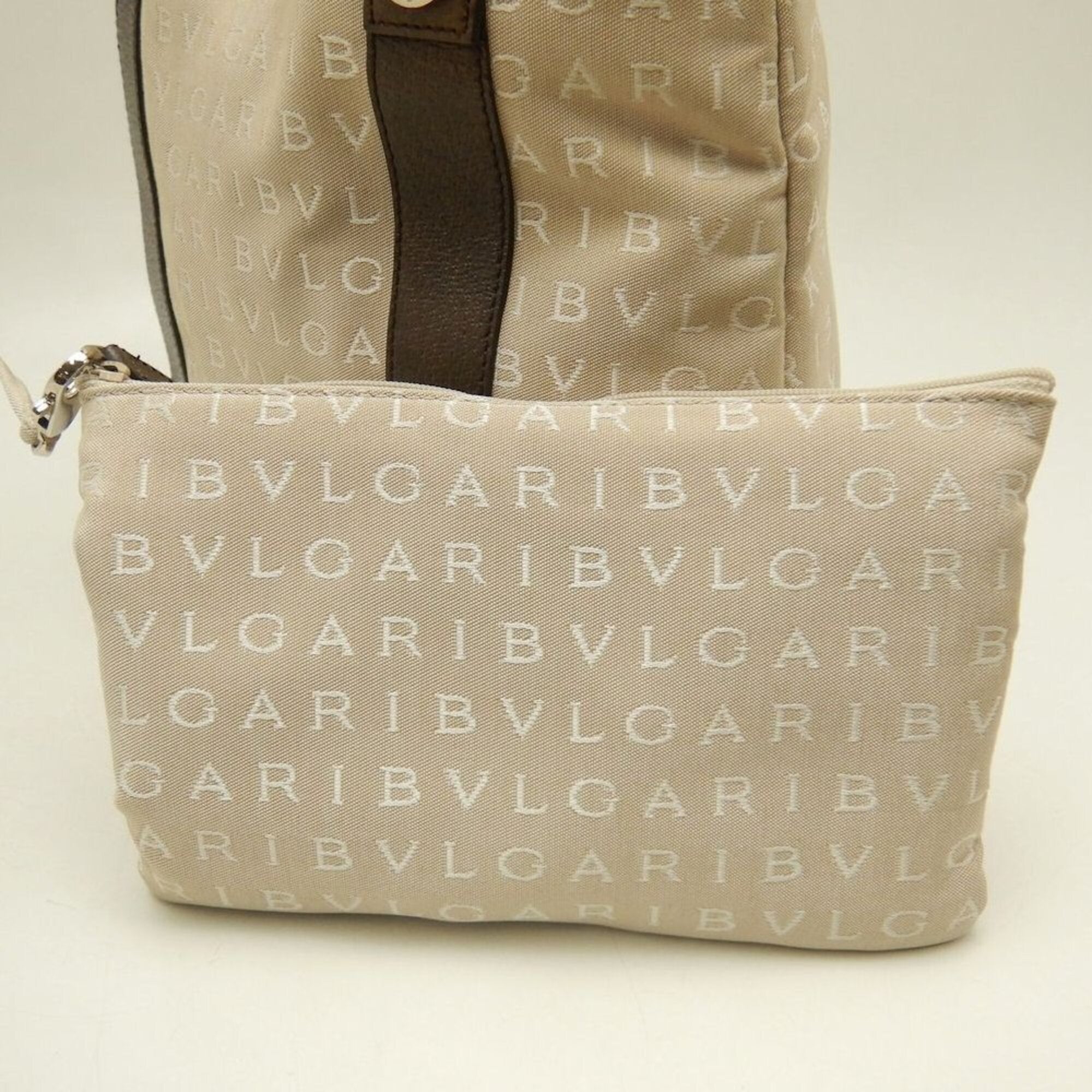 Bvlgari Logomania Beige Brown Canvas Leather Tote Bag (Pre-Owned)