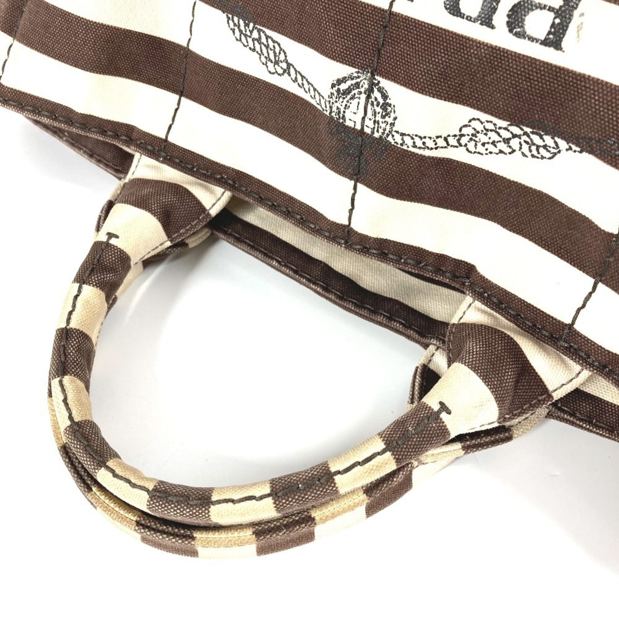 Prada Brown White Canvas Handbag Tote Bag (Pre-Owned)
