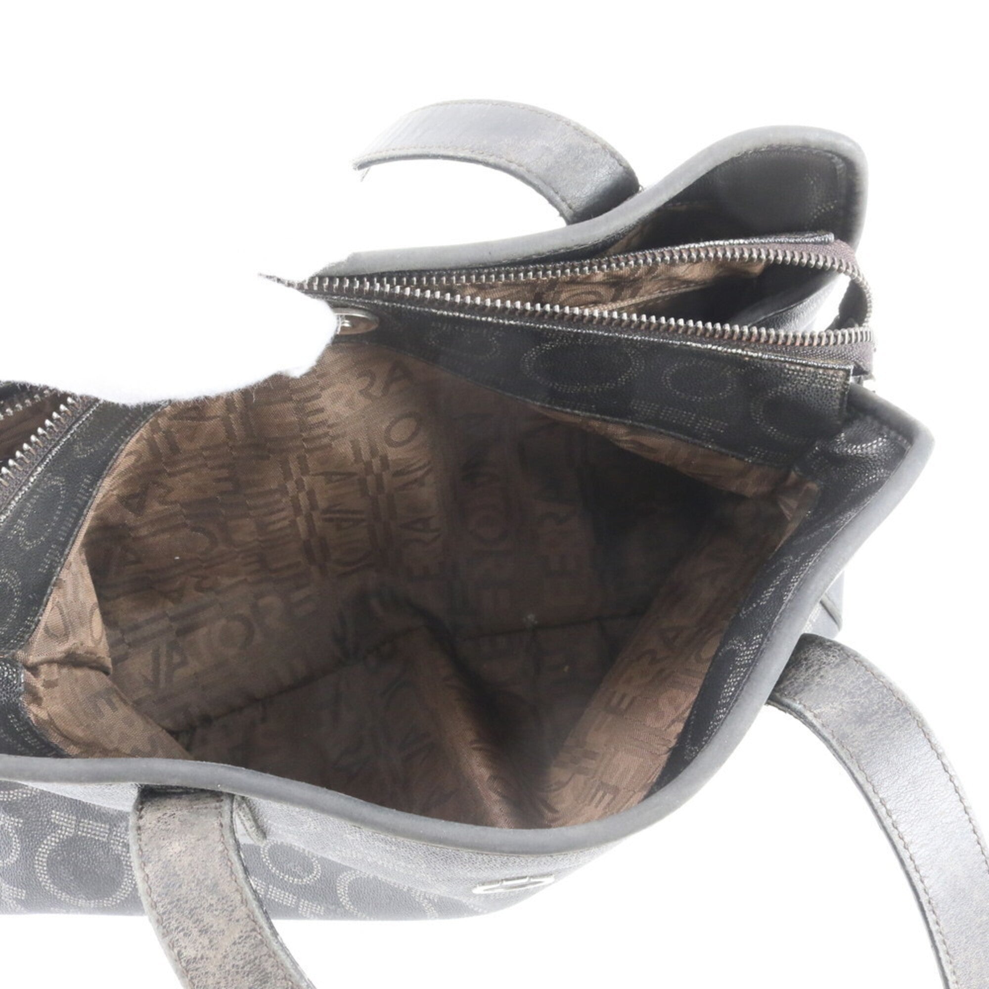Salvatore Ferragamo Black Leather Coated Canvas Handbag Shoulder Bag Tote Bag (Pre-Owned)
