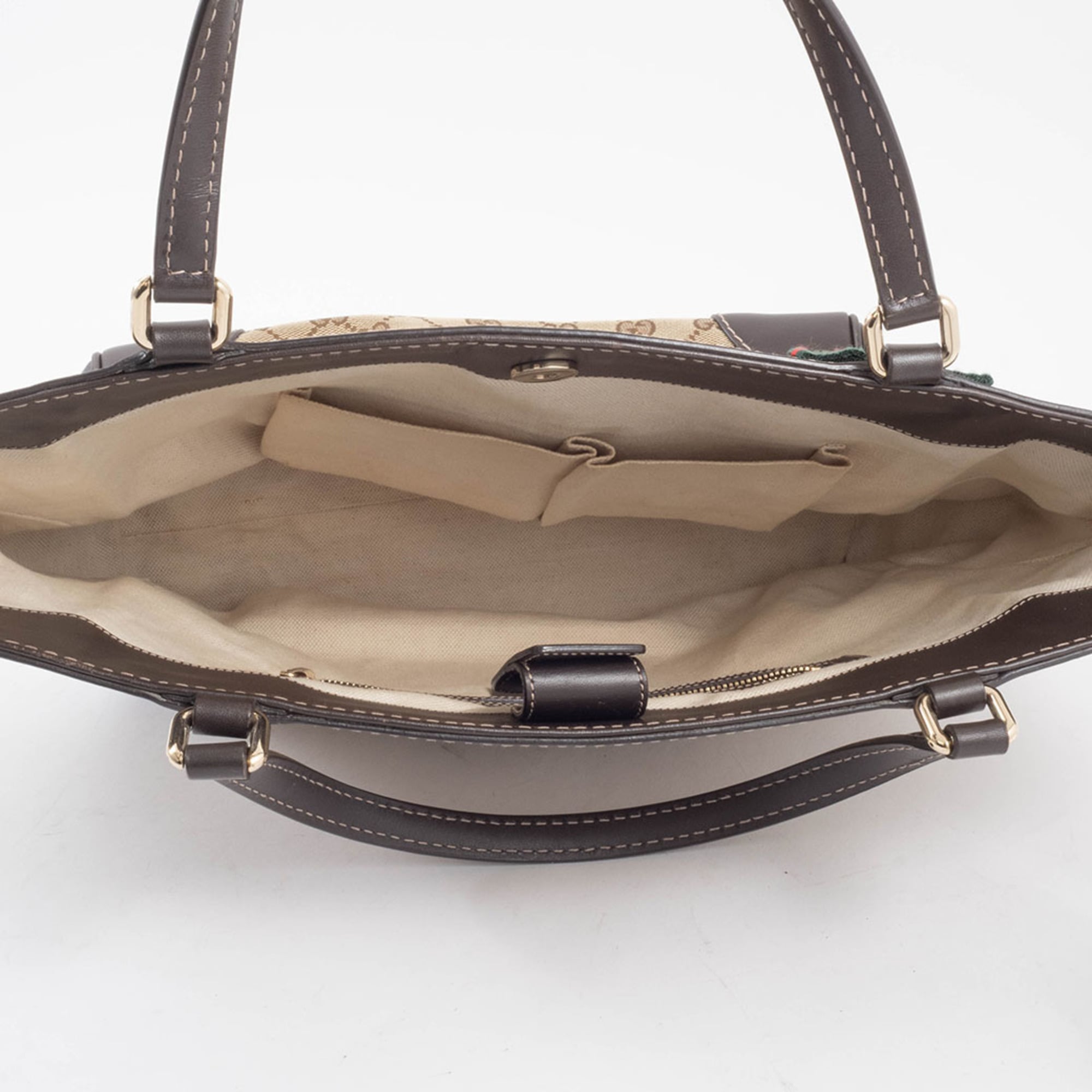 Gucci Gg Canvas Beige Brown Gg Canvas Leather Handbag (Pre-Owned)
