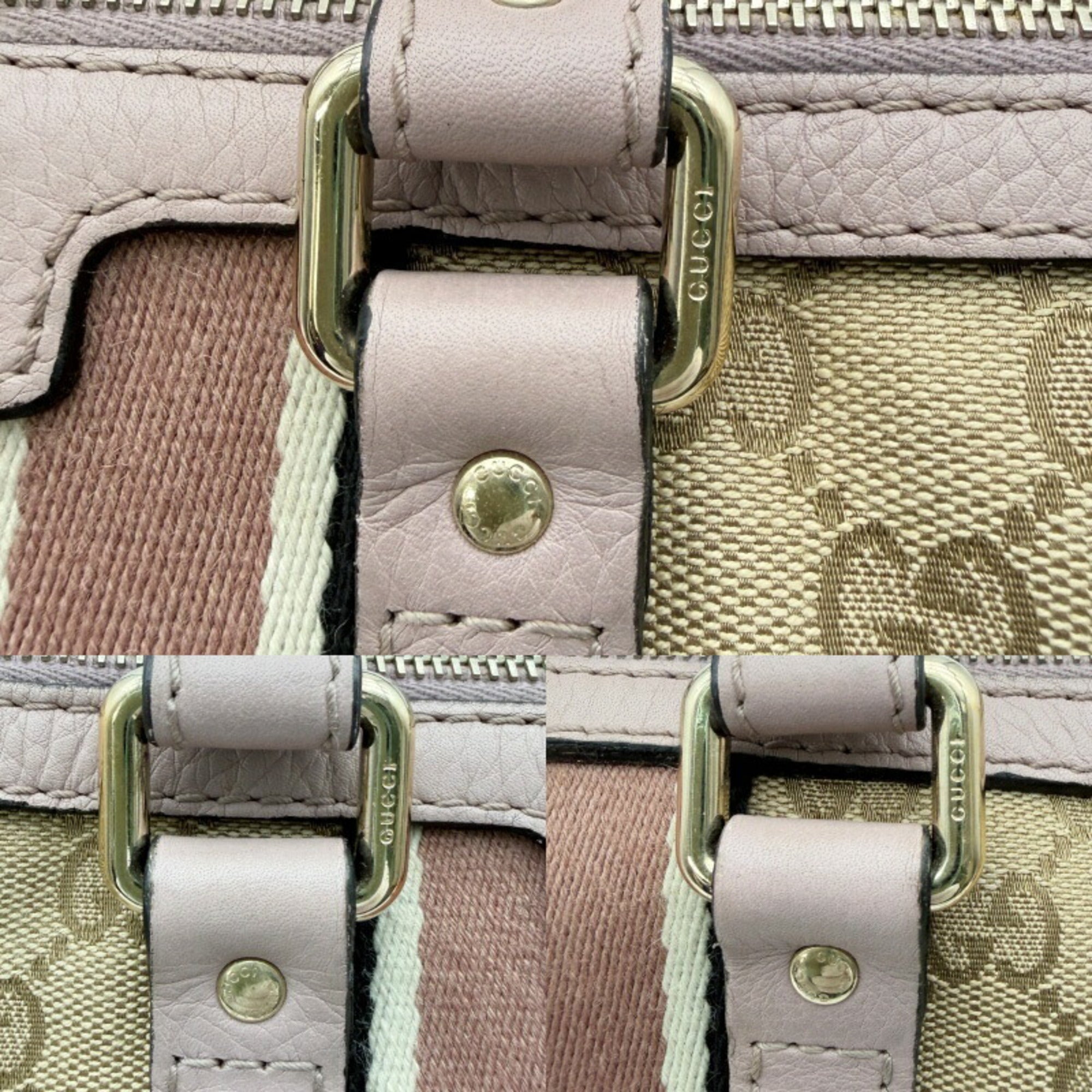 Gucci Sherry Line Beige Pink Canvas Leather Boston Bag (Pre-Owned)