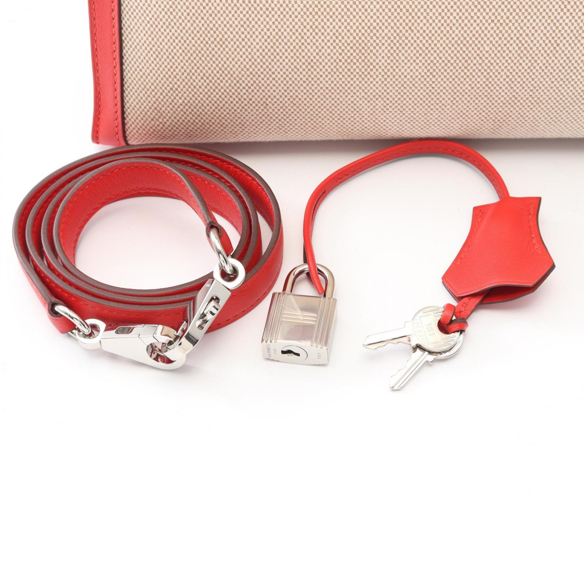 Hermes Beige Ecru Red Color Canvas Toile H Leather Swift Leather Handbag (Pre-Owned)