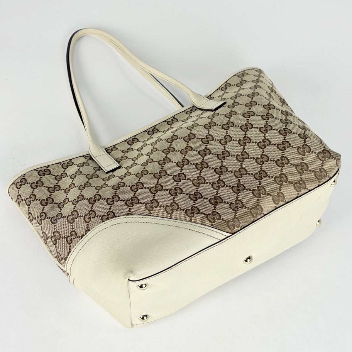 Gucci Beige White Gg Canvas Leather Tote Bag (Pre-Owned)
