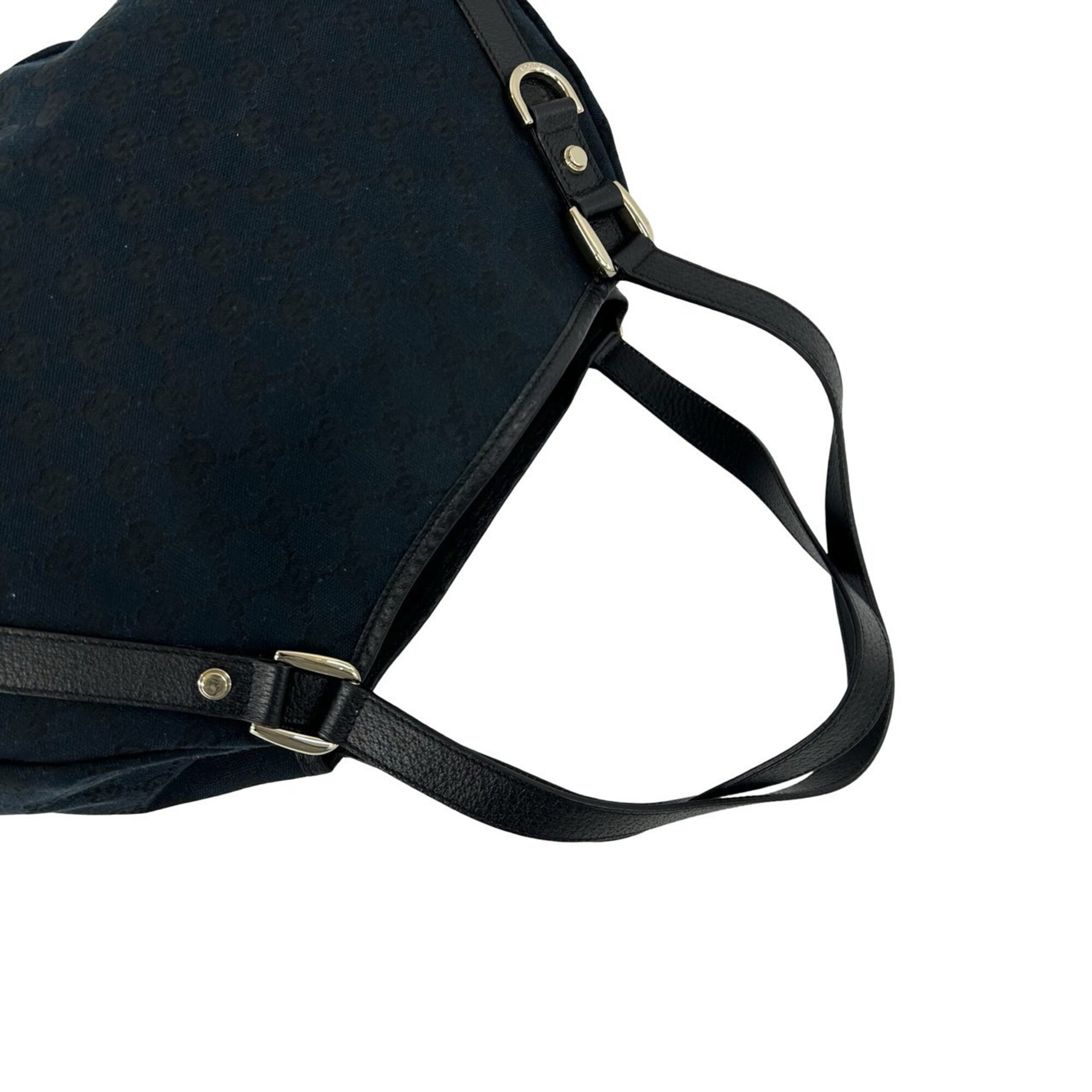 Gucci Black Navy Canvas Leather Shoulder Bag Tote Bag (Pre-Owned)