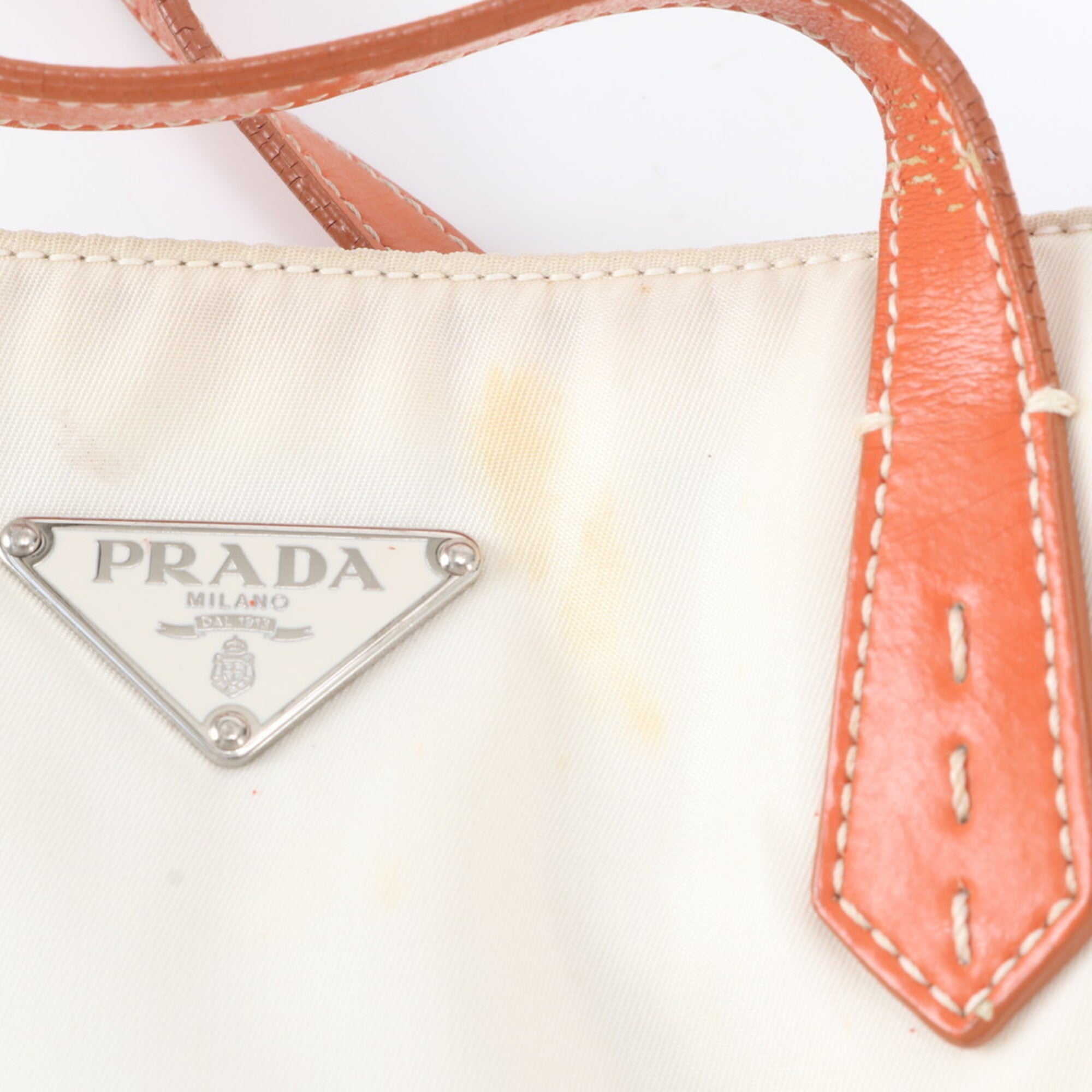 Prada Ivory Orange Nylon Leather Handbag Tote Bag (Pre-Owned)