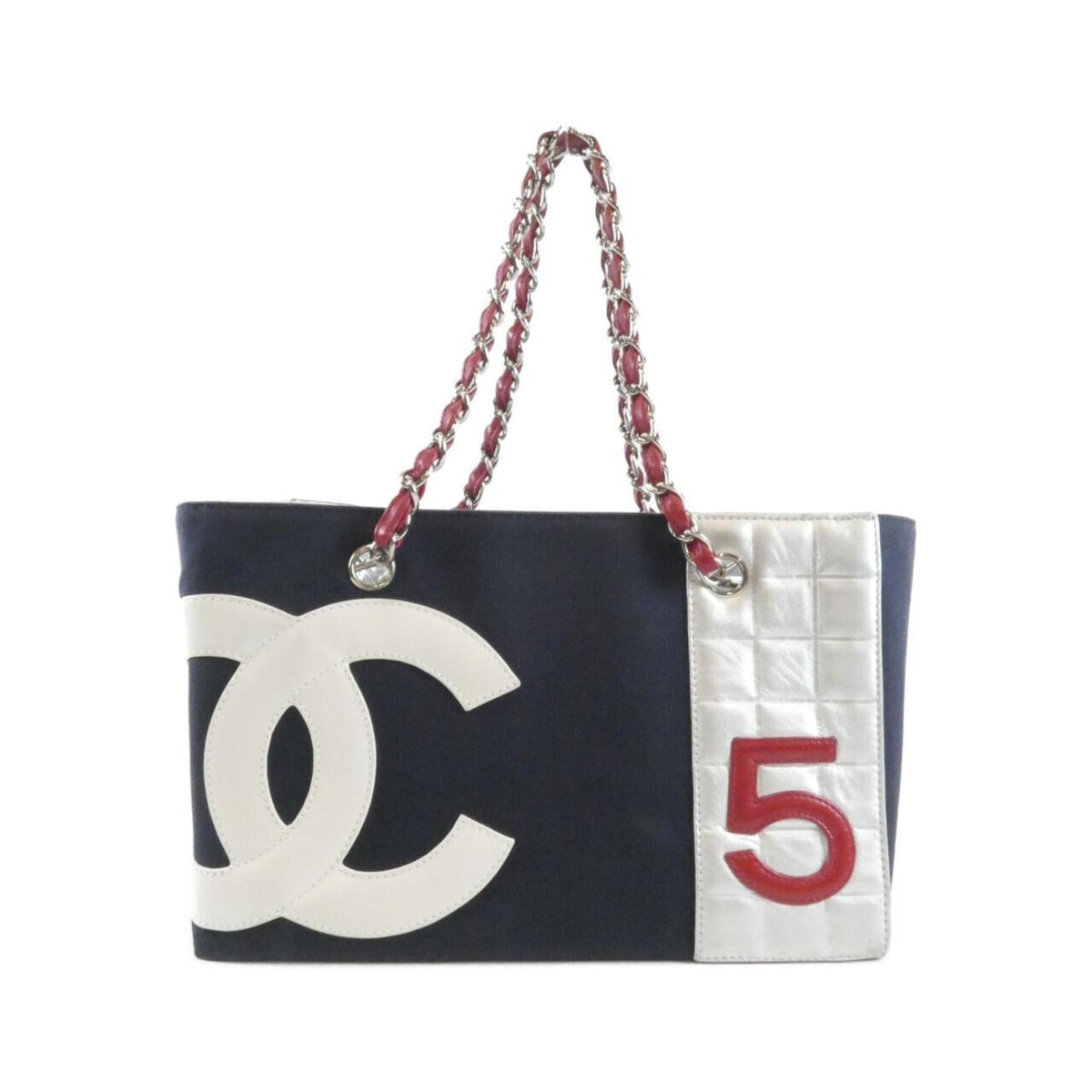 Chanel Navy Red Color White Canvas Leather Handbag (Pre-Owned)