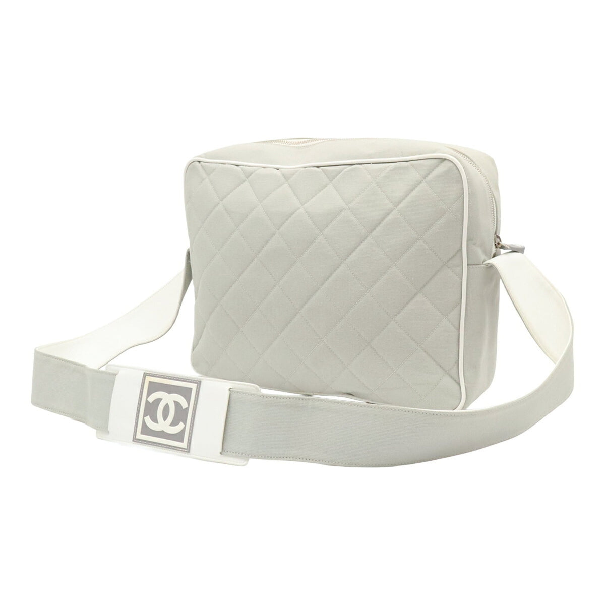 Chanel Gray White Canvas Leather Shoulder Bag (Pre-Owned)