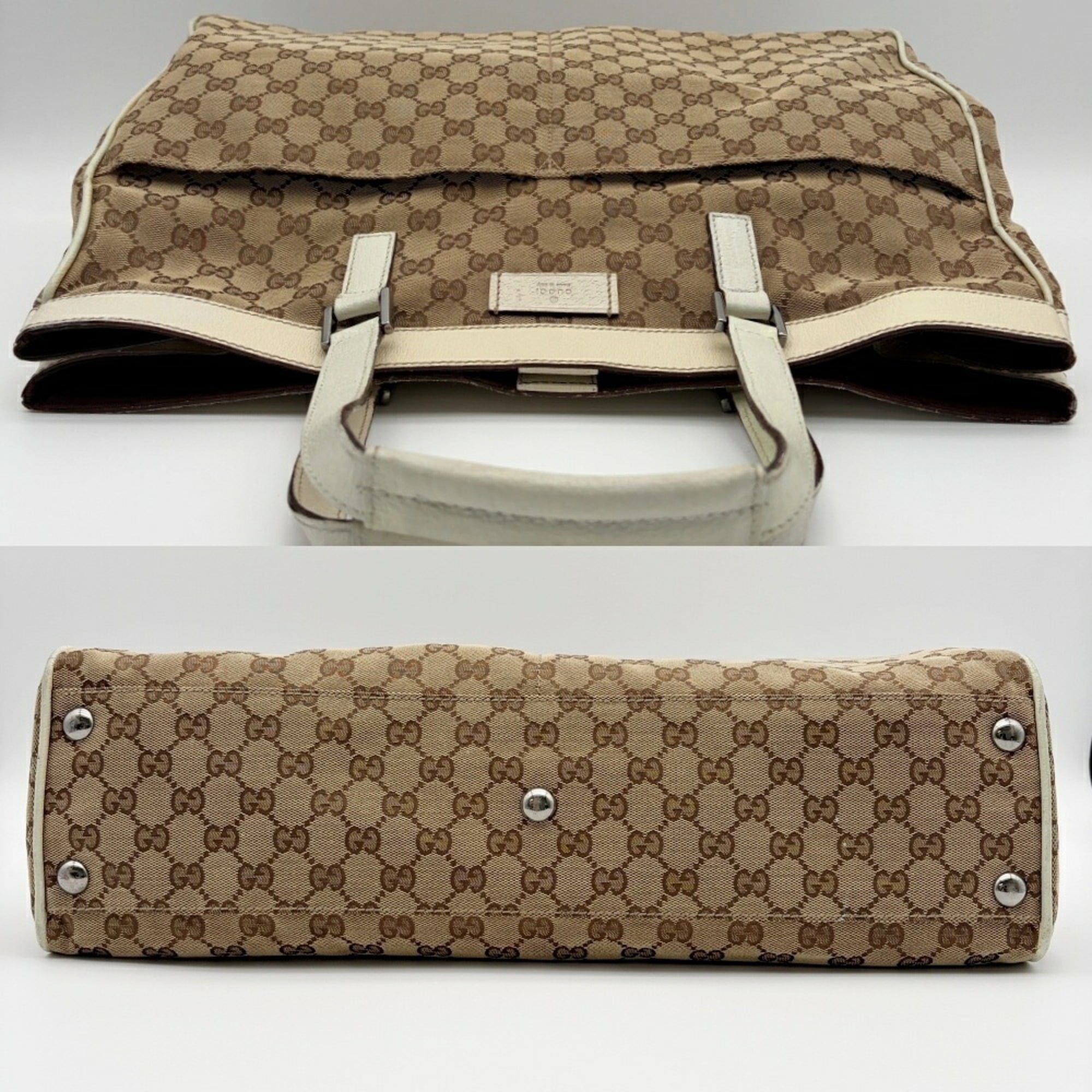 Gucci Beige Ivory Gg Canvas Leather Tote Bag (Pre-Owned)