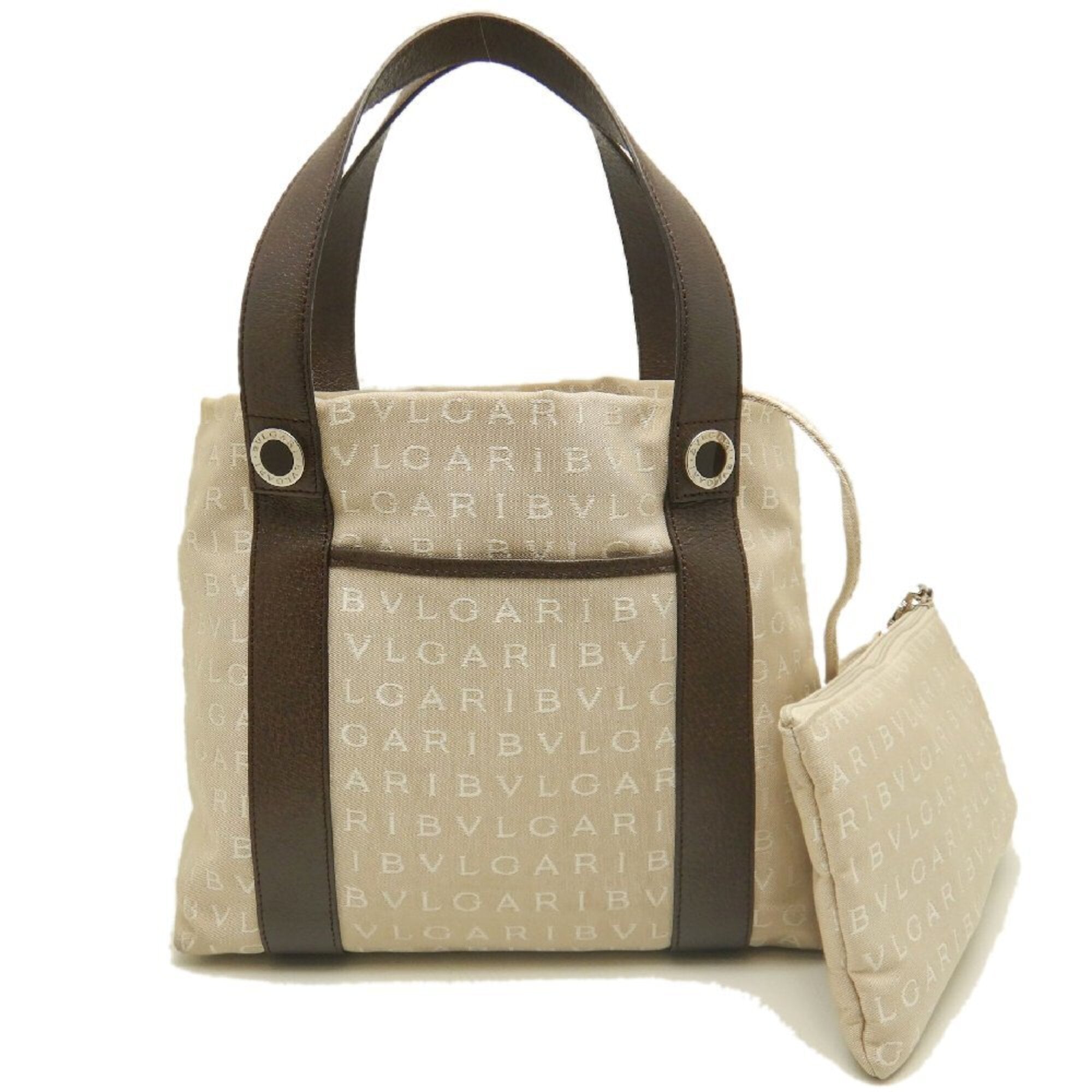 Bvlgari Logomania Beige Brown Canvas Leather Tote Bag (Pre-Owned)