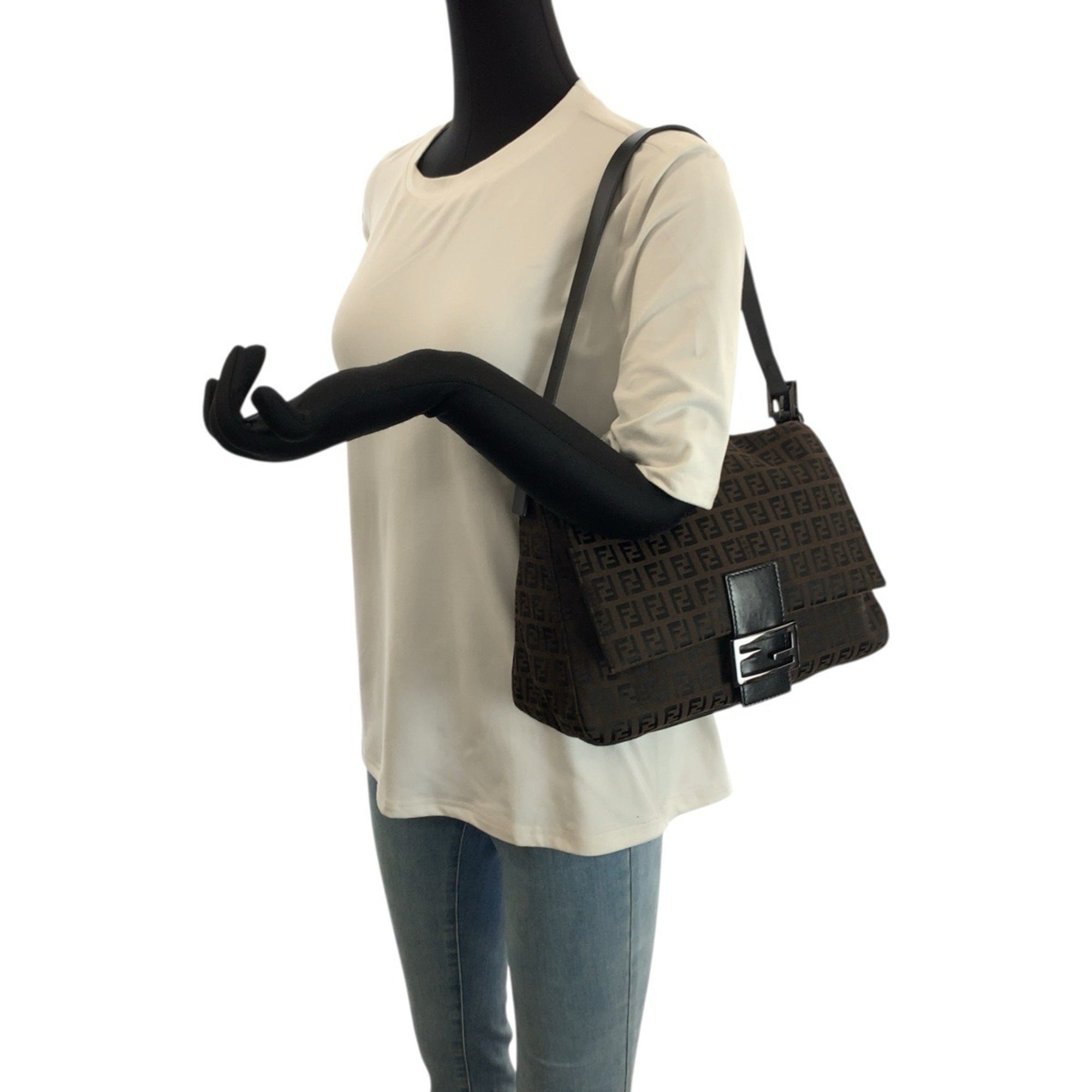 Fendi Dark Brown Nylon Leather Handbag Shoulder Bag (Pre-Owned)