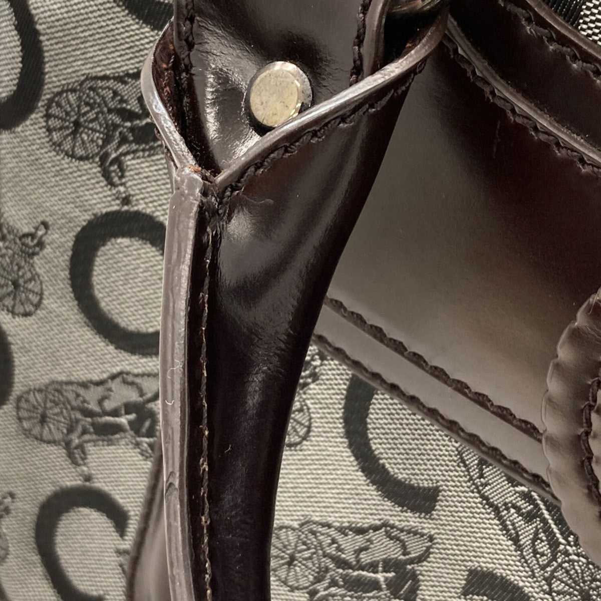 Celine Dark Brown Gray Leather Canvas Handbag (Pre-Owned)