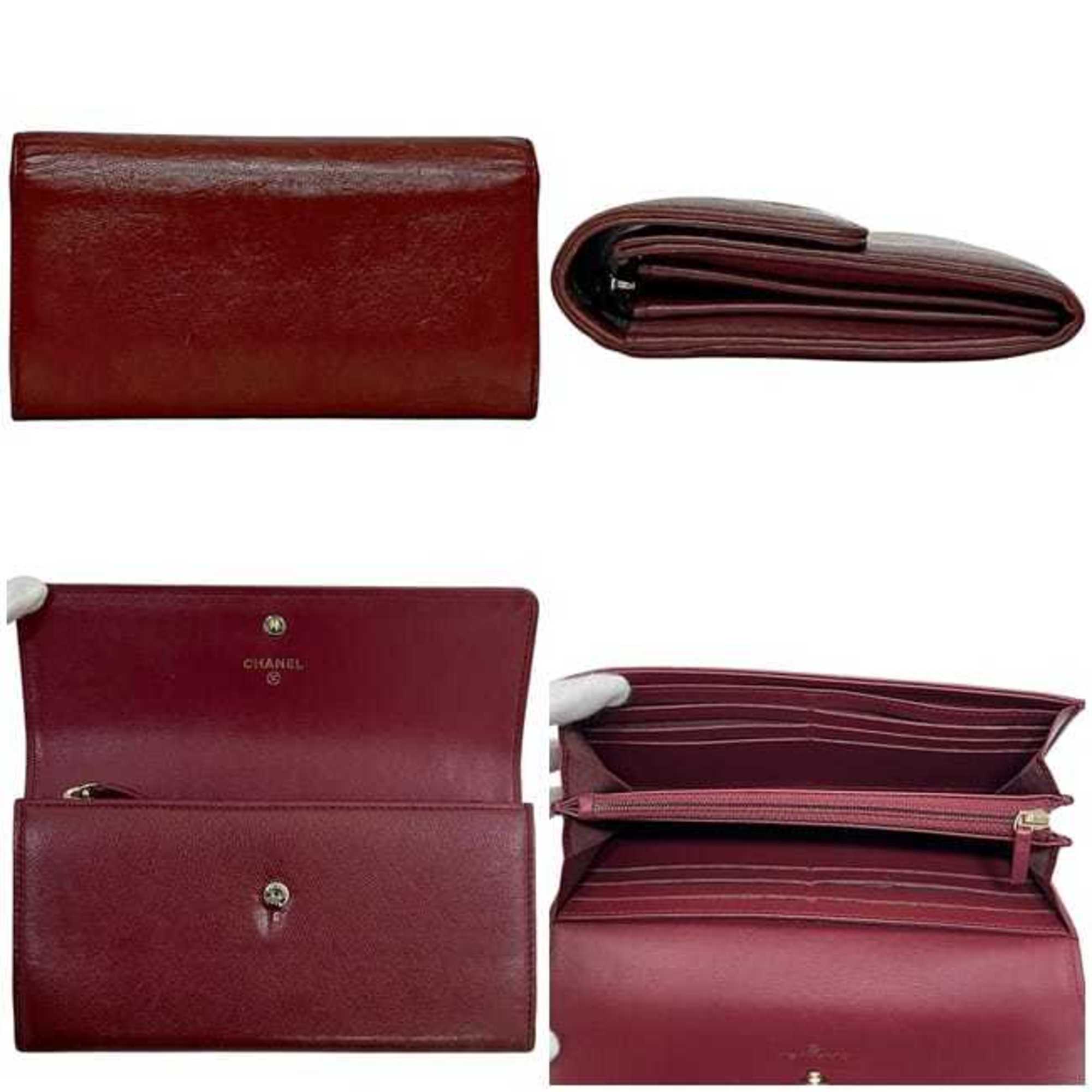 Chanel Bordeaux Leather Long Wallet (Bi-Fold) (Pre-Owned)