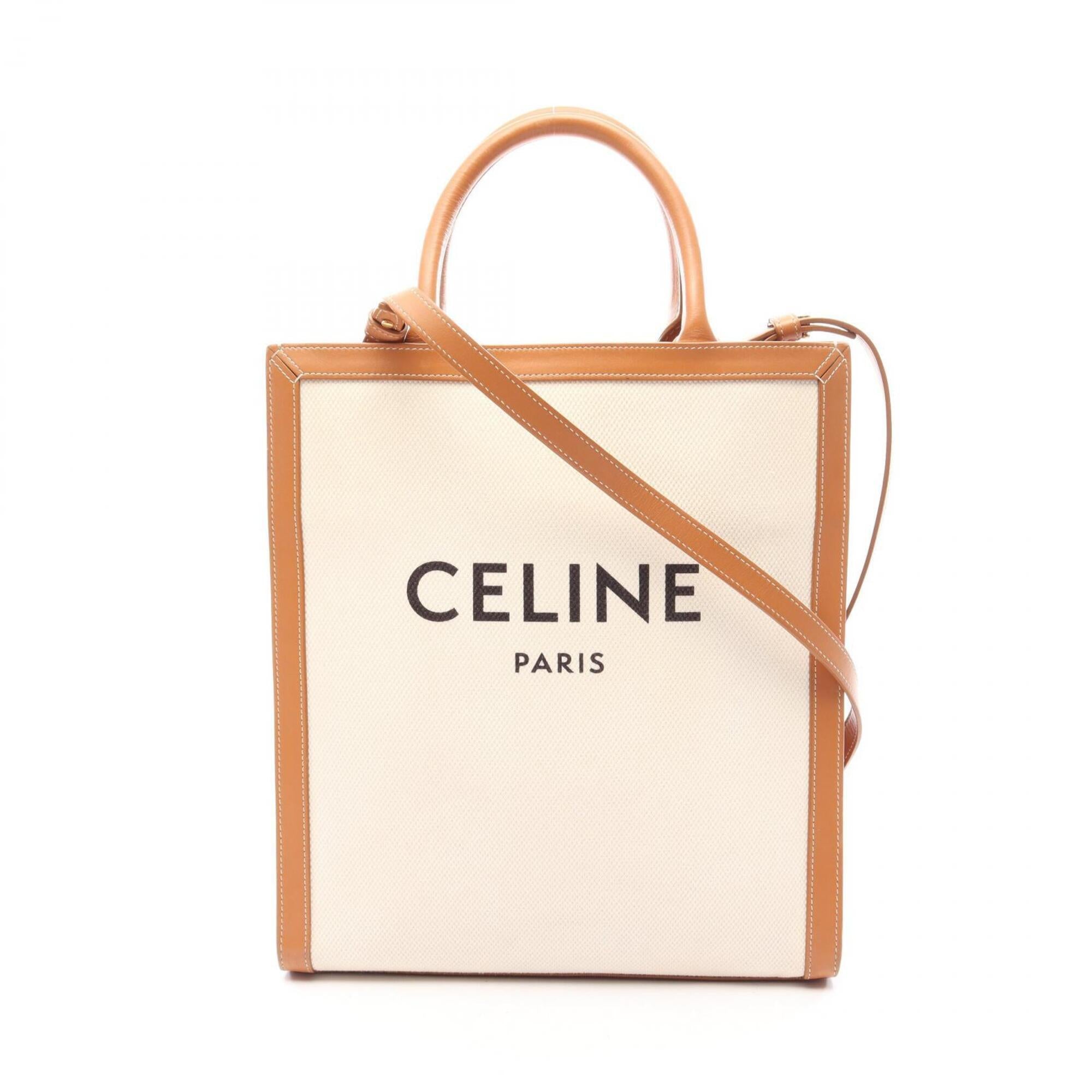Celine Brown Ivory Canvas Leather Handbag Tote Bag (Pre-Owned)
