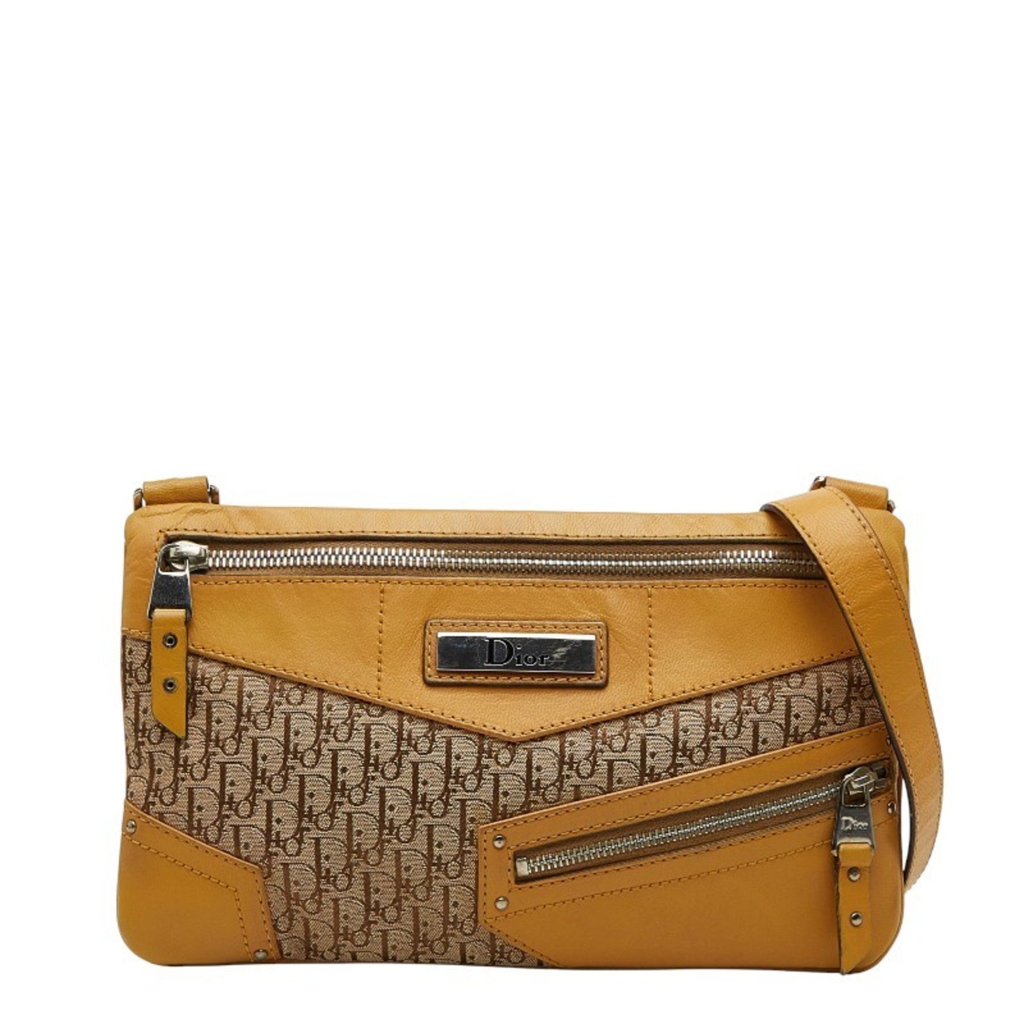 Christian Dior Beige Yellow Canvas Leather Shoulder Bag (Pre-Owned)