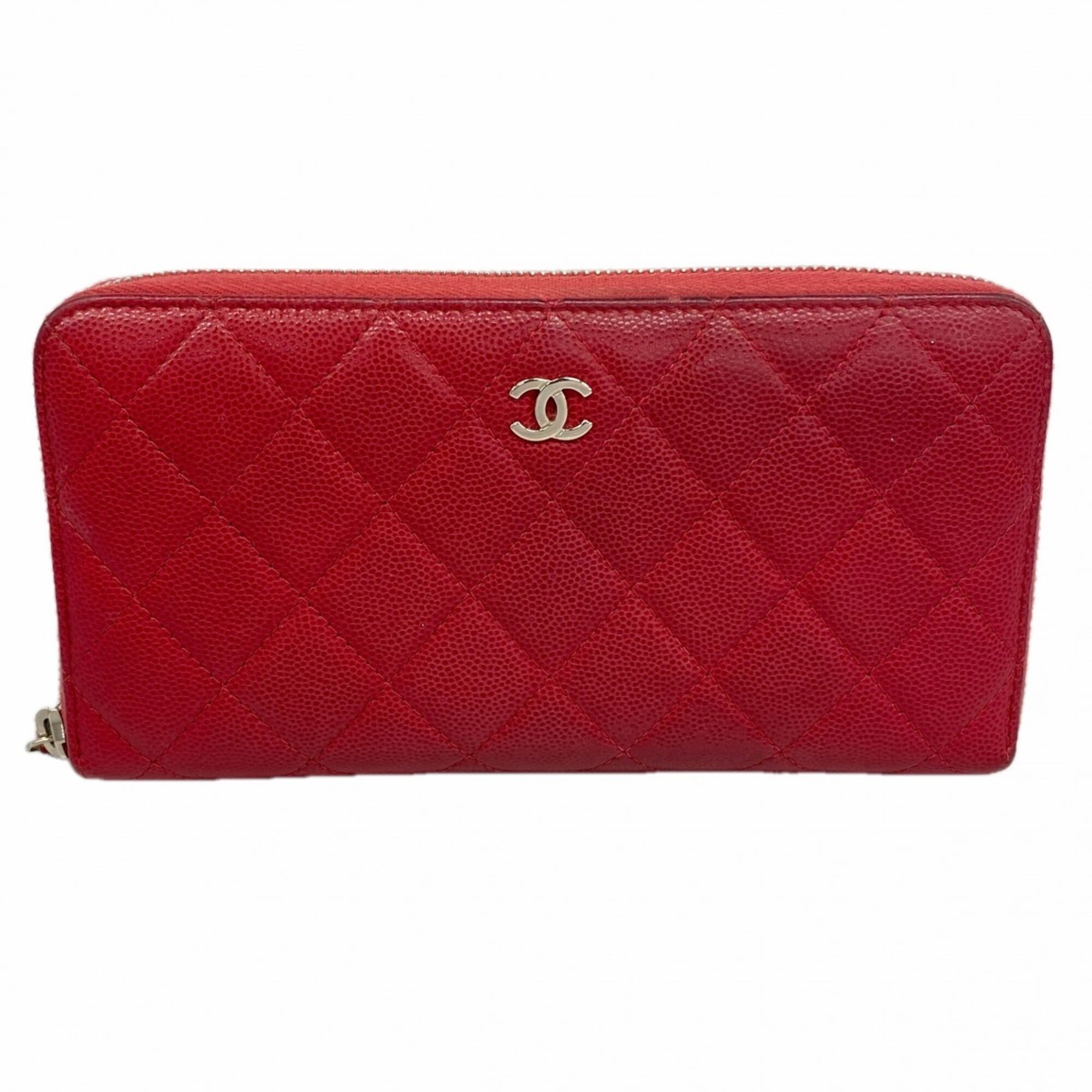 Chanel Red Color Grained Calfskin Long Wallet (Bi-Fold) (Pre-Owned)