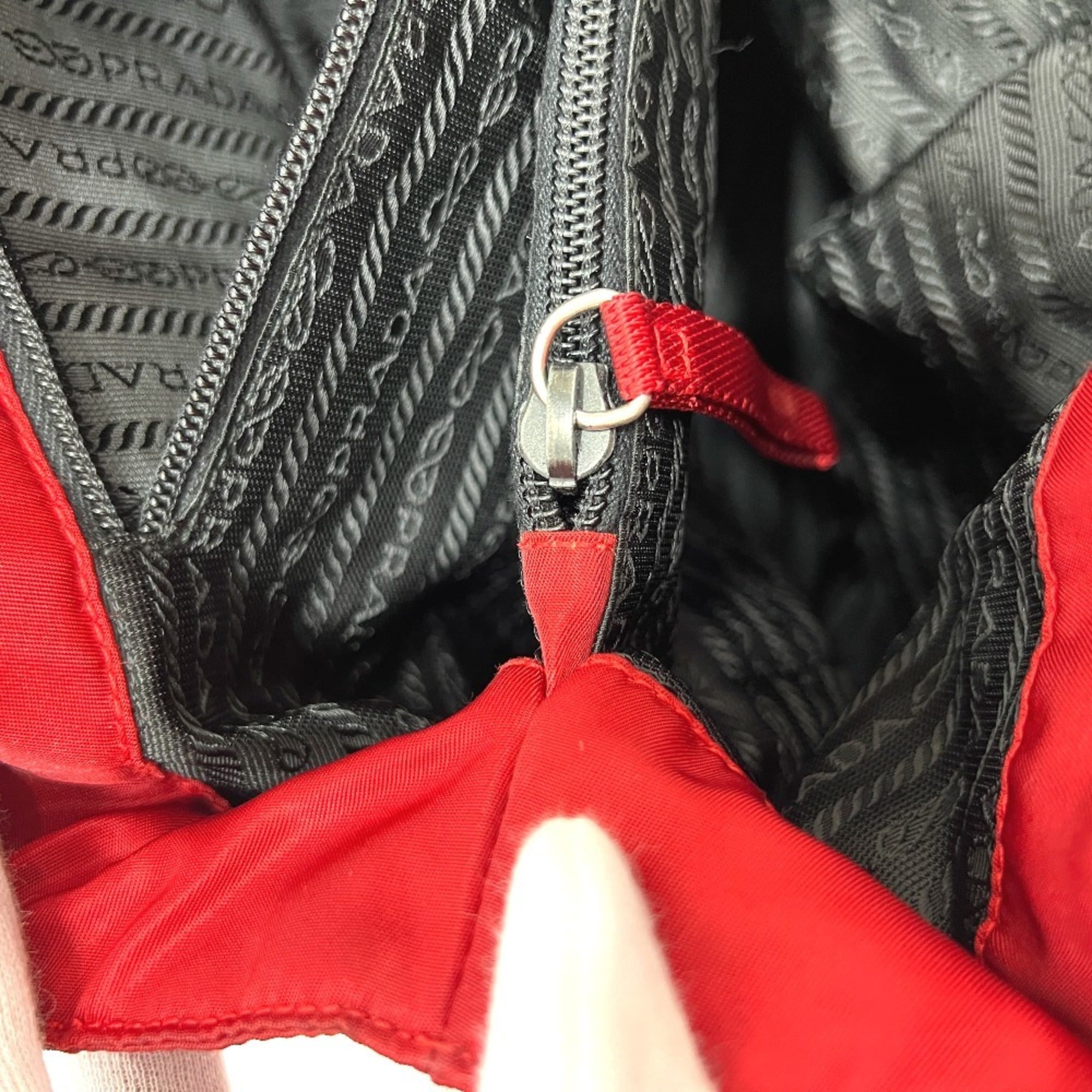 Prada Red Color Nylon Handbag Tote Bag (Pre-Owned)