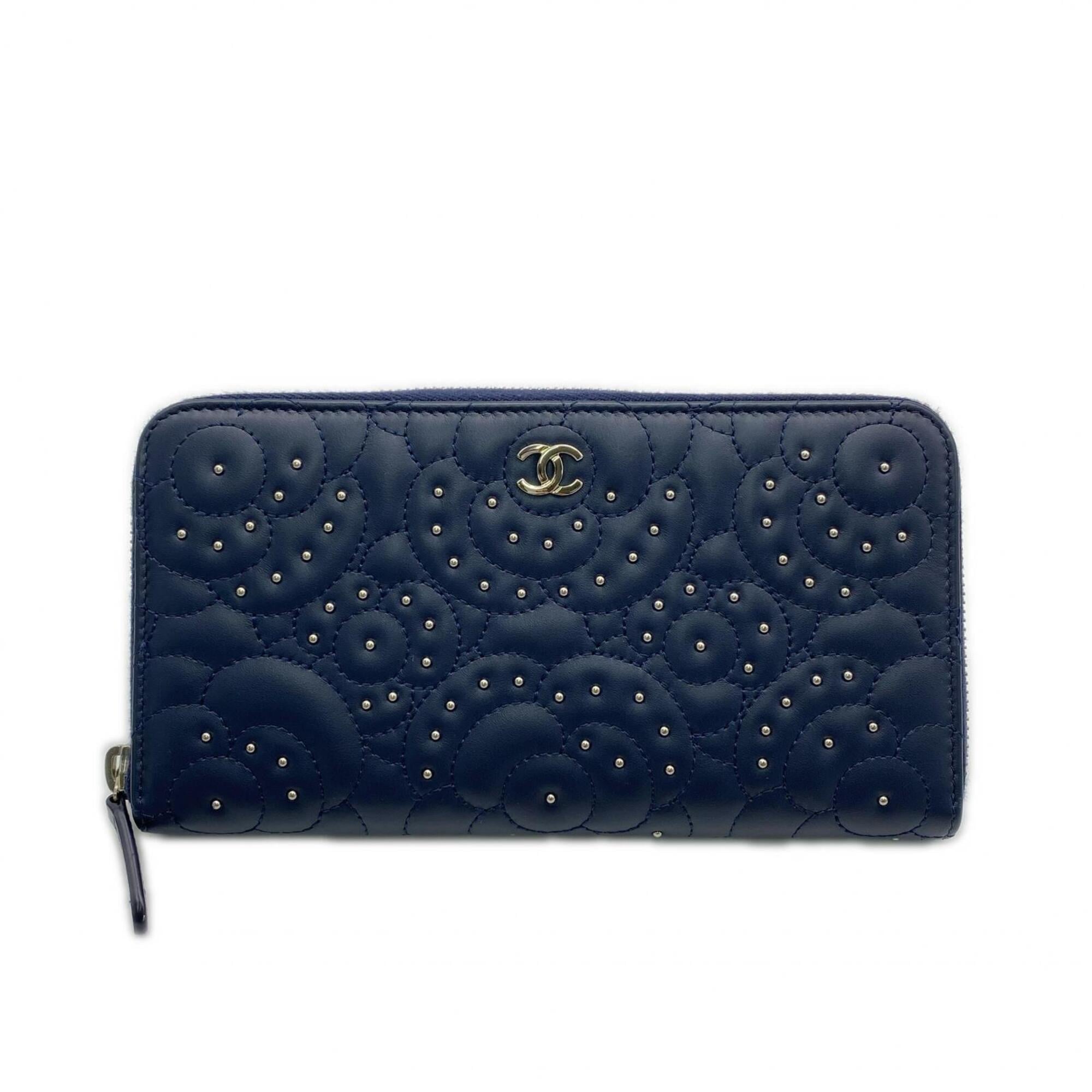 Chanel Camellia Navy Leather Long Wallet (Bi-Fold) (Pre-Owned)