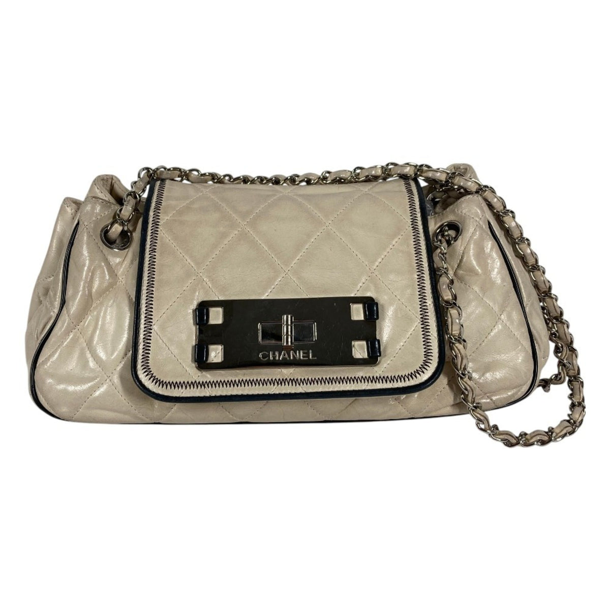 Chanel Beige Black Leather Shoulder Bag (Pre-Owned)