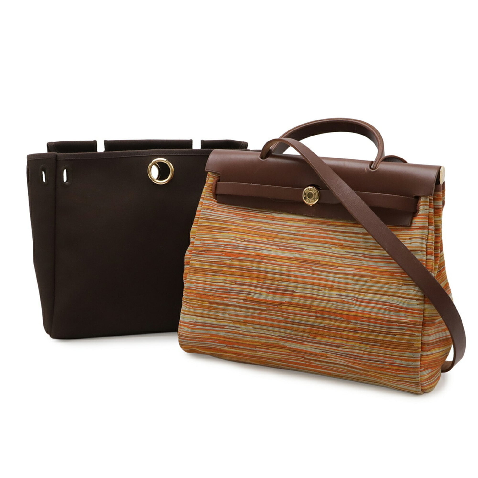 Hermes Brown Orange Vibrato Leather Leather Toile Officier Handbag Shoulder Bag (Pre-Owned)