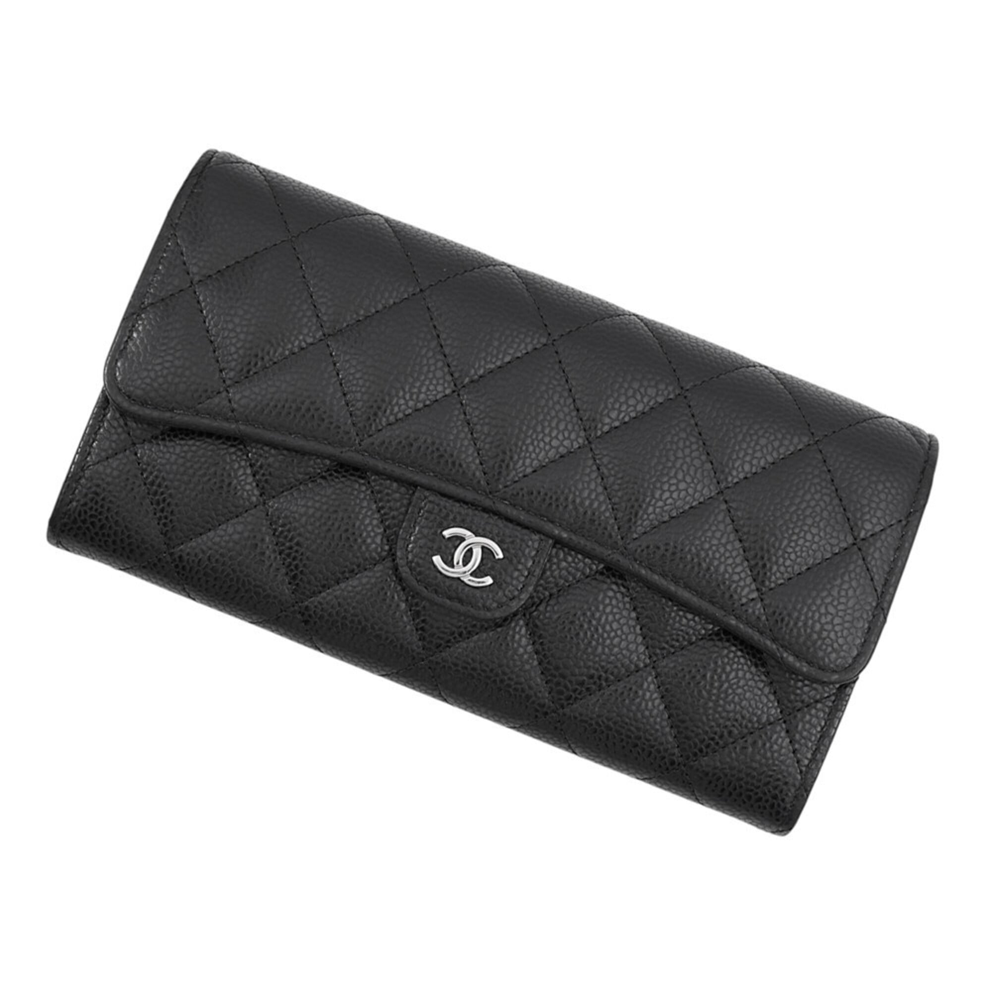 Chanel Black Grained Calfskin Long Wallet (Bi-Fold) (Pre-Owned)