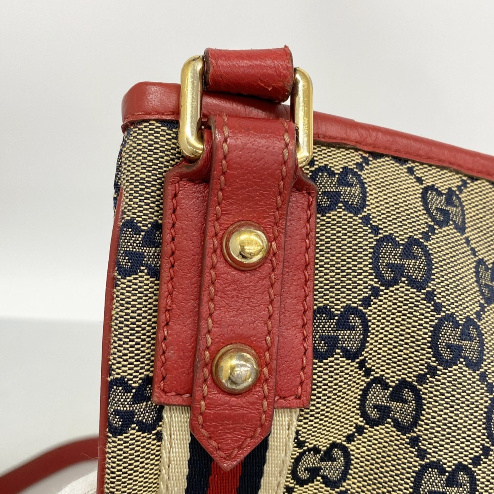 Gucci Navy Red Color Canvas Shoulder Bag (Pre-Owned)