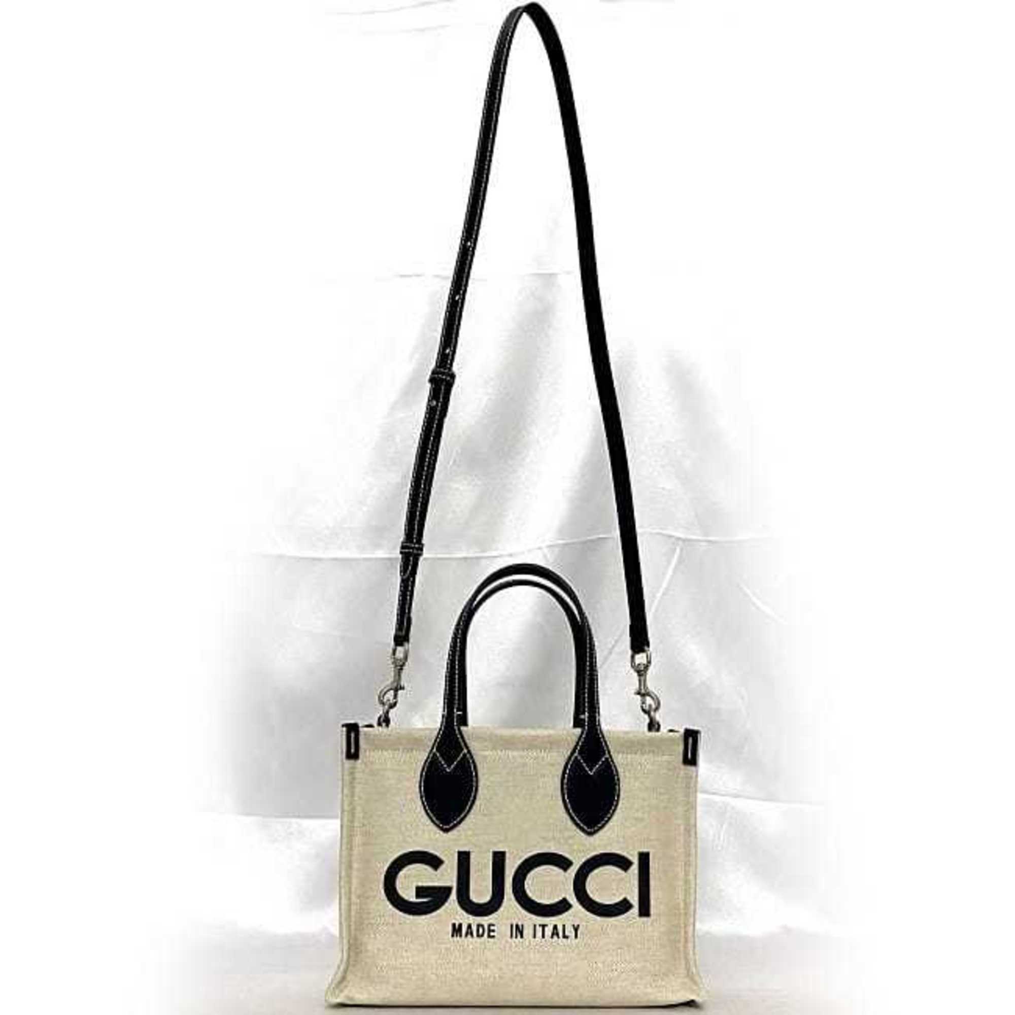 Gucci Beige Navy Canvas Leather Handbag Shoulder Bag Tote Bag (Pre-Owned)