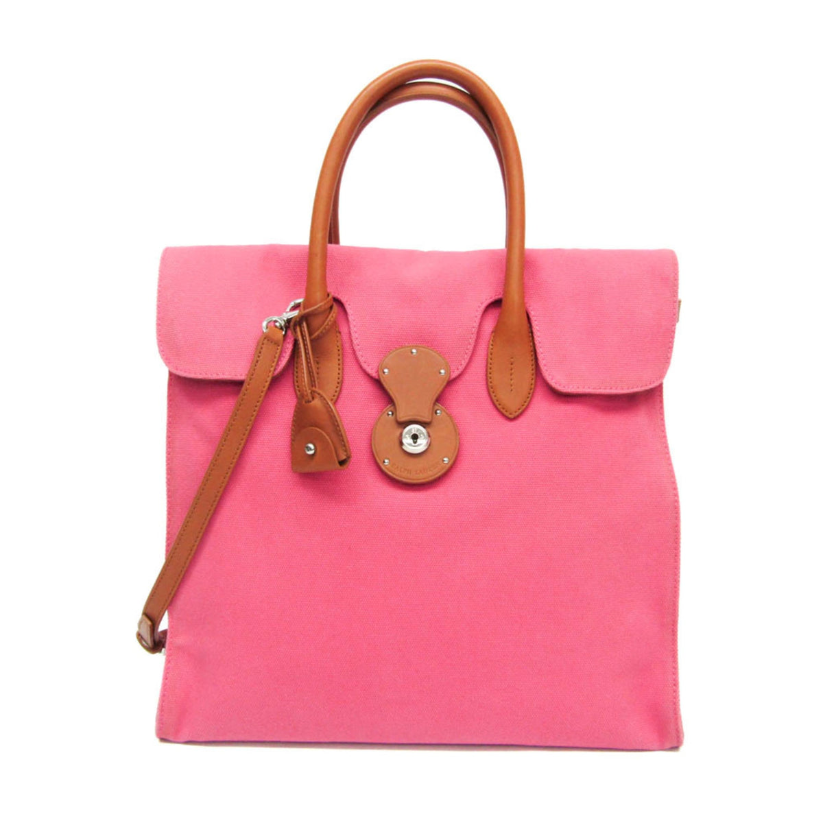 Ralph Lauren Ricky Brown Pink Leather Canvas Handbag Shoulder Bag (Pre-Owned)