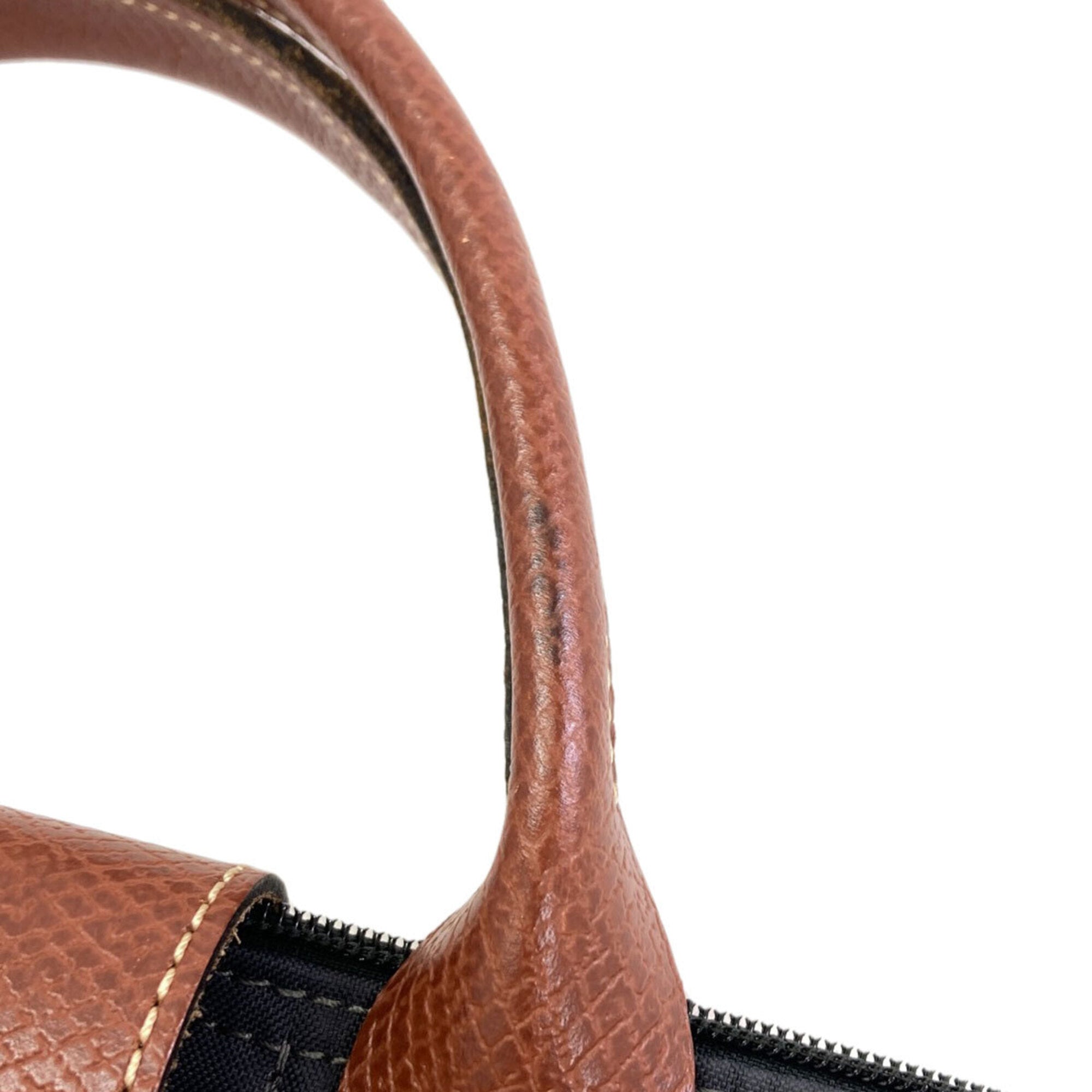 Longchamp Le Pliage Brown Gray Nylon Leather Handbag (Pre-Owned)