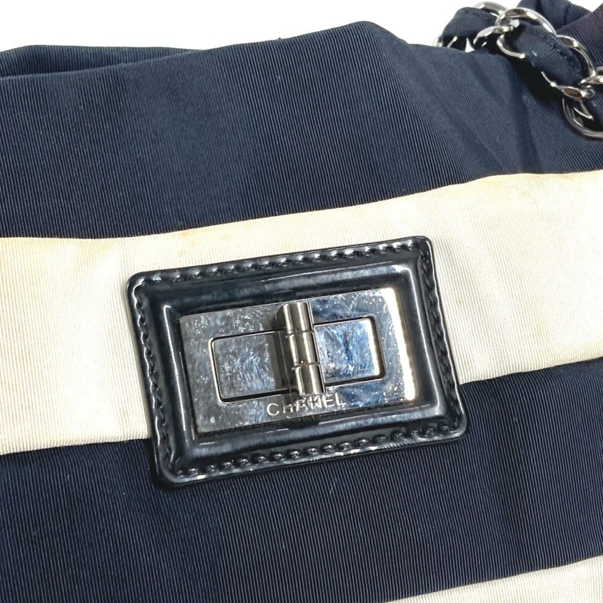 Chanel 2.55 Black White Nylon Canvas Shoulder Bag Tote Bag (Pre-Owned)