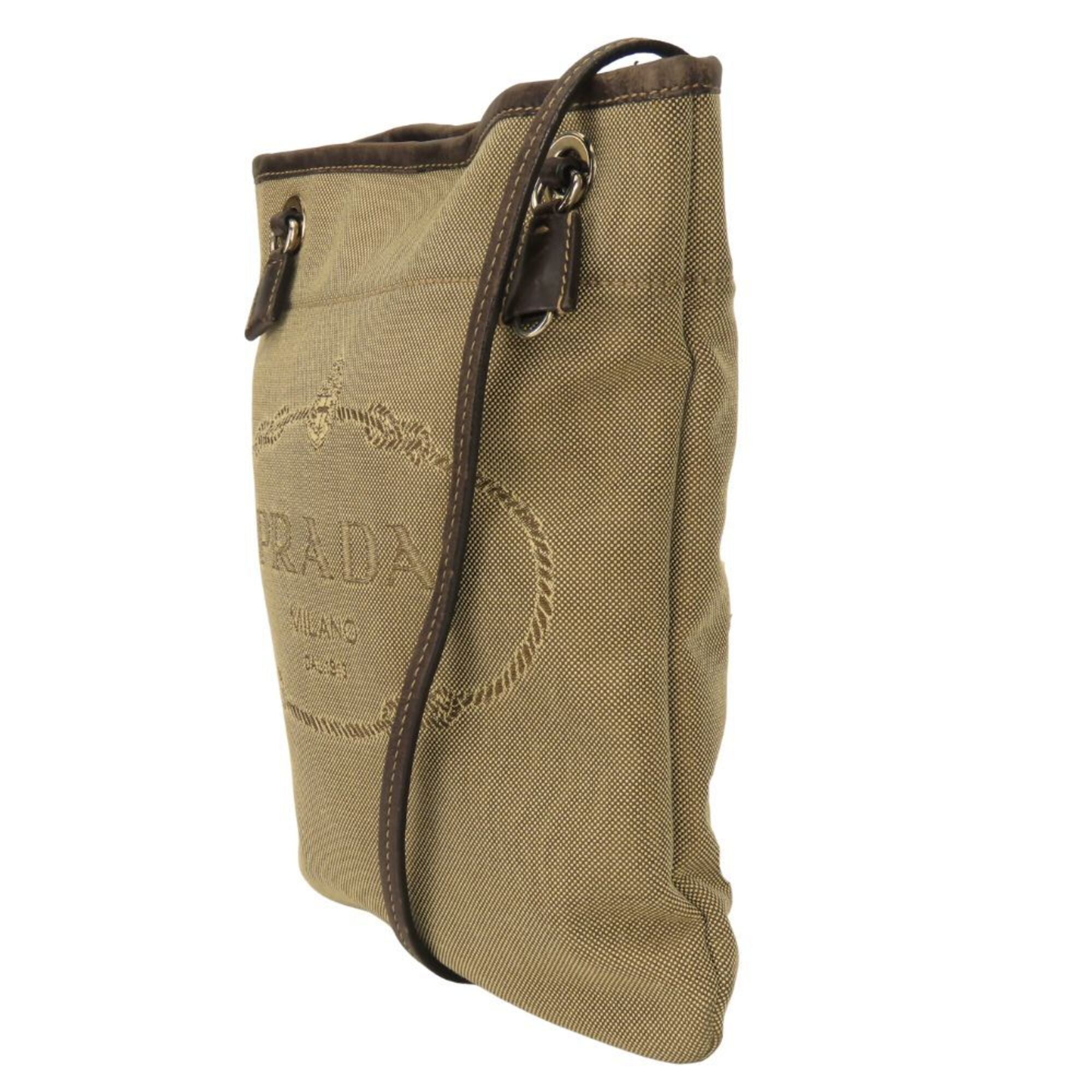 Prada Beige Brown Canvas Leather Shoulder Bag (Pre-Owned)