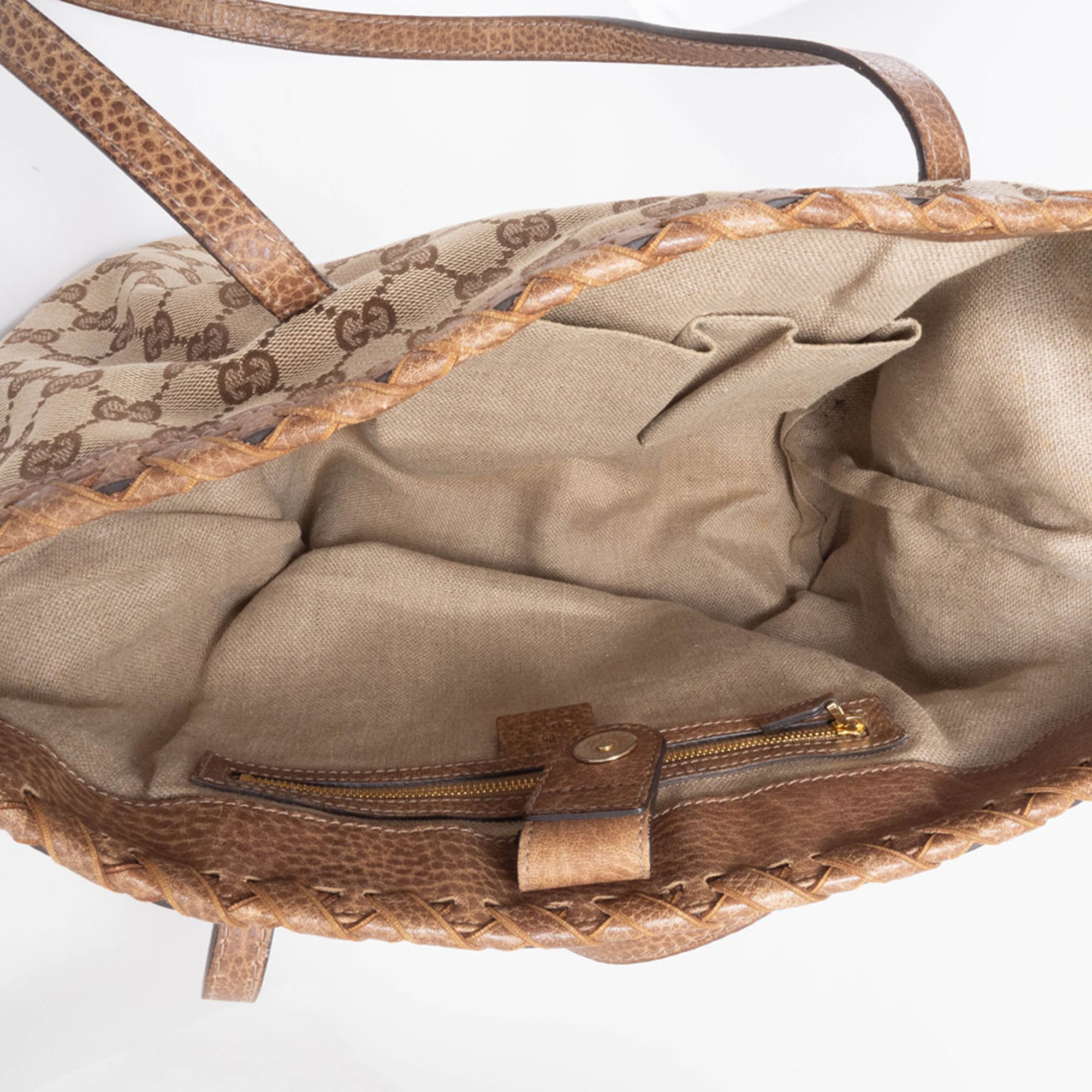 Gucci Gg Canvas Beige Brown Gg Canvas Leather Tote Bag (Pre-Owned)