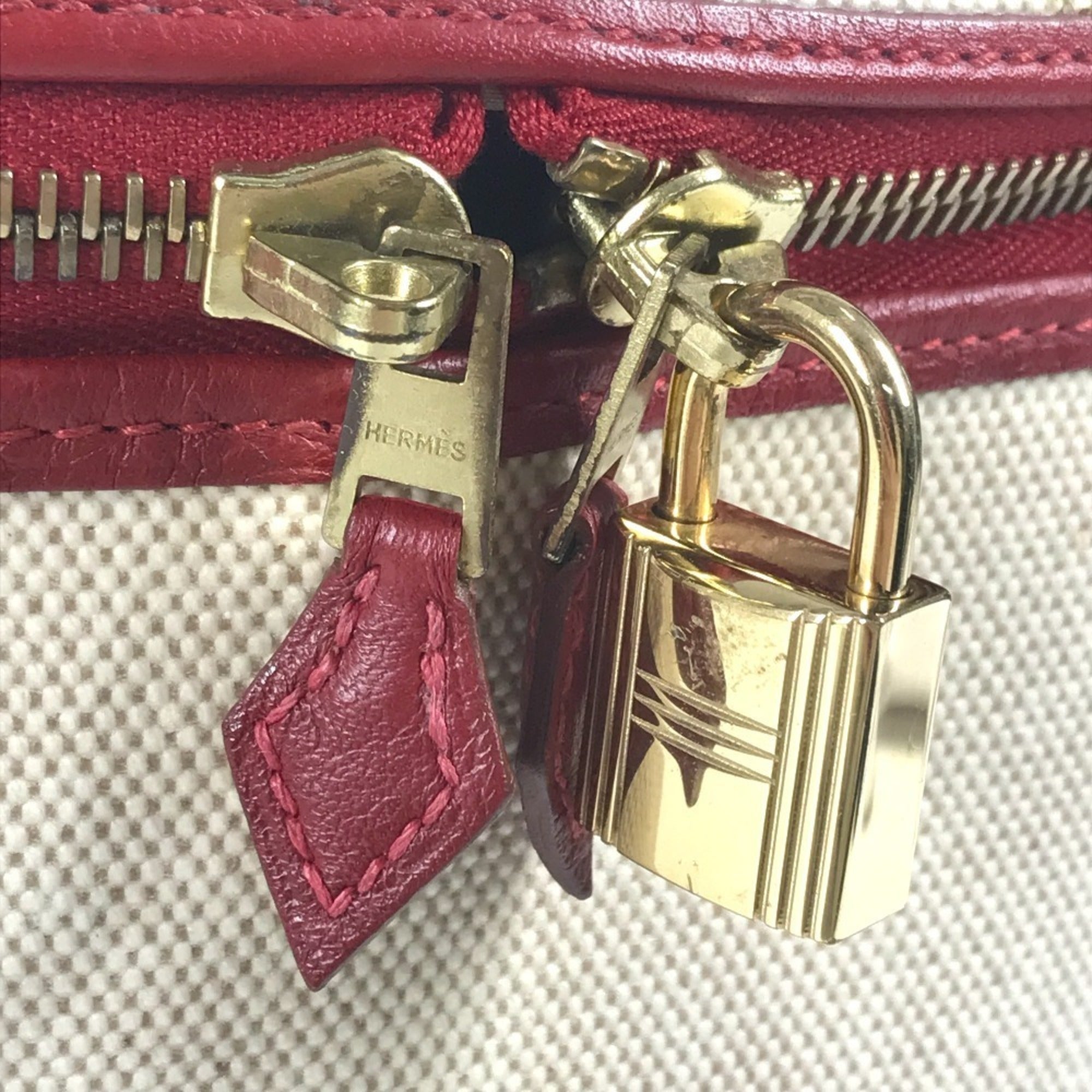 Hermes Intercity Beige Bicolor Red Color Coated Canvas Leather Handbag Vanity Bag (Pre-Owned)