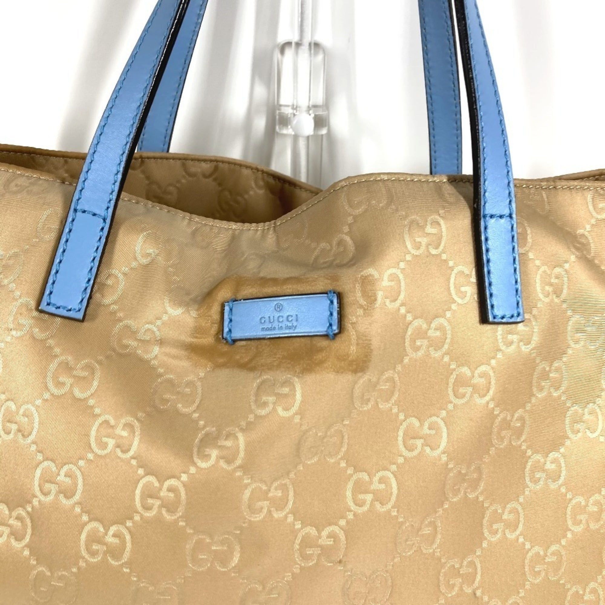 Gucci Beige Blue Leather Nylon Handbag Shoulder Bag Tote Bag (Pre-Owned)