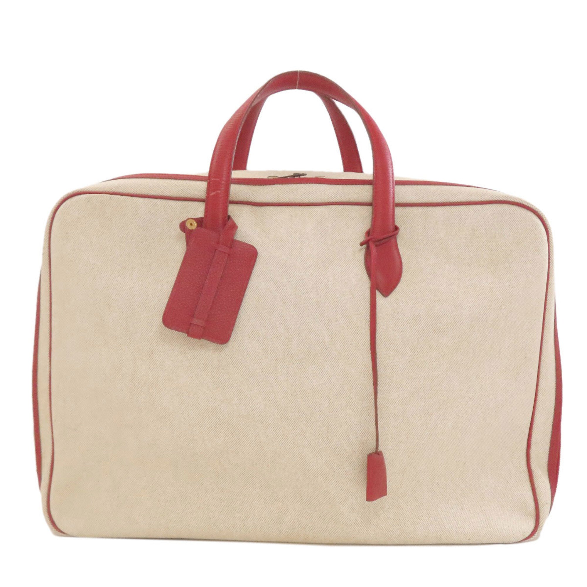 Hermes Natural Red Color Toile H Taurillon Clemence Leather Boston Bag (Pre-Owned)