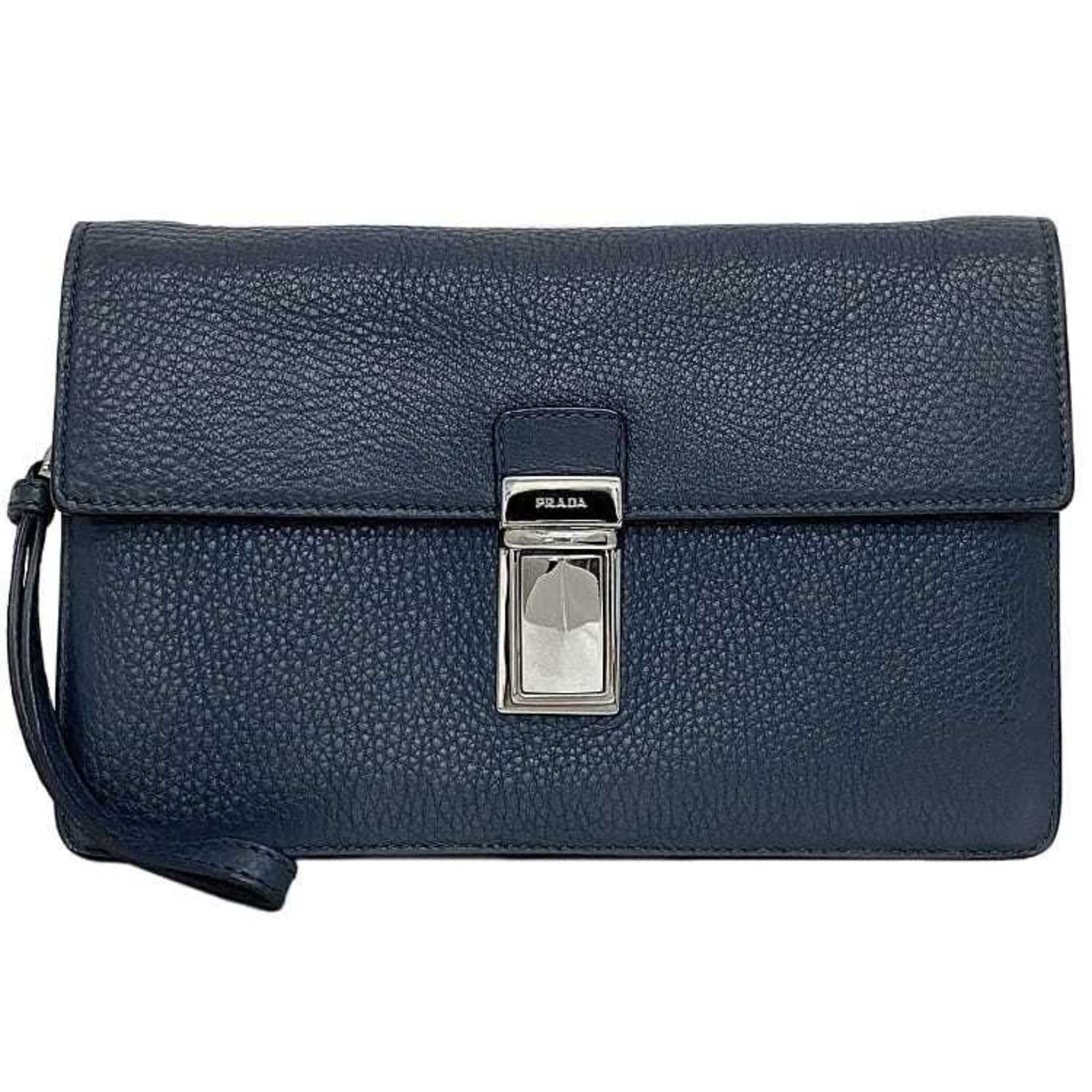 Prada Blue Leather Clutch Bag Handbag (Pre-Owned)