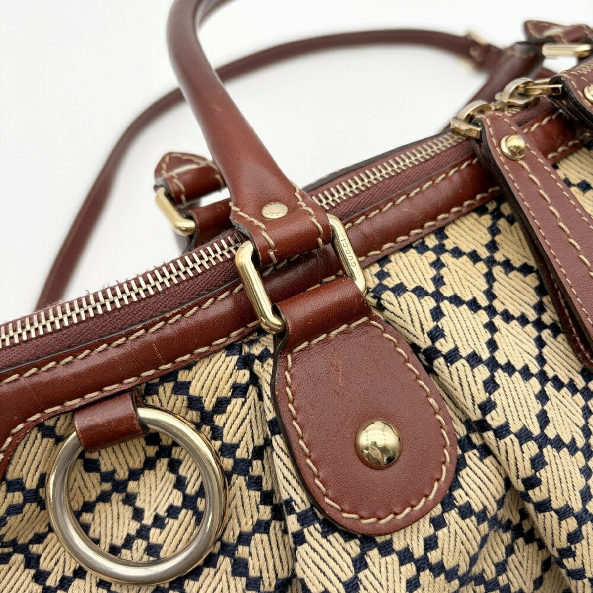 Gucci Beige Brown Canvas Leather Shoulder Bag (Pre-Owned)